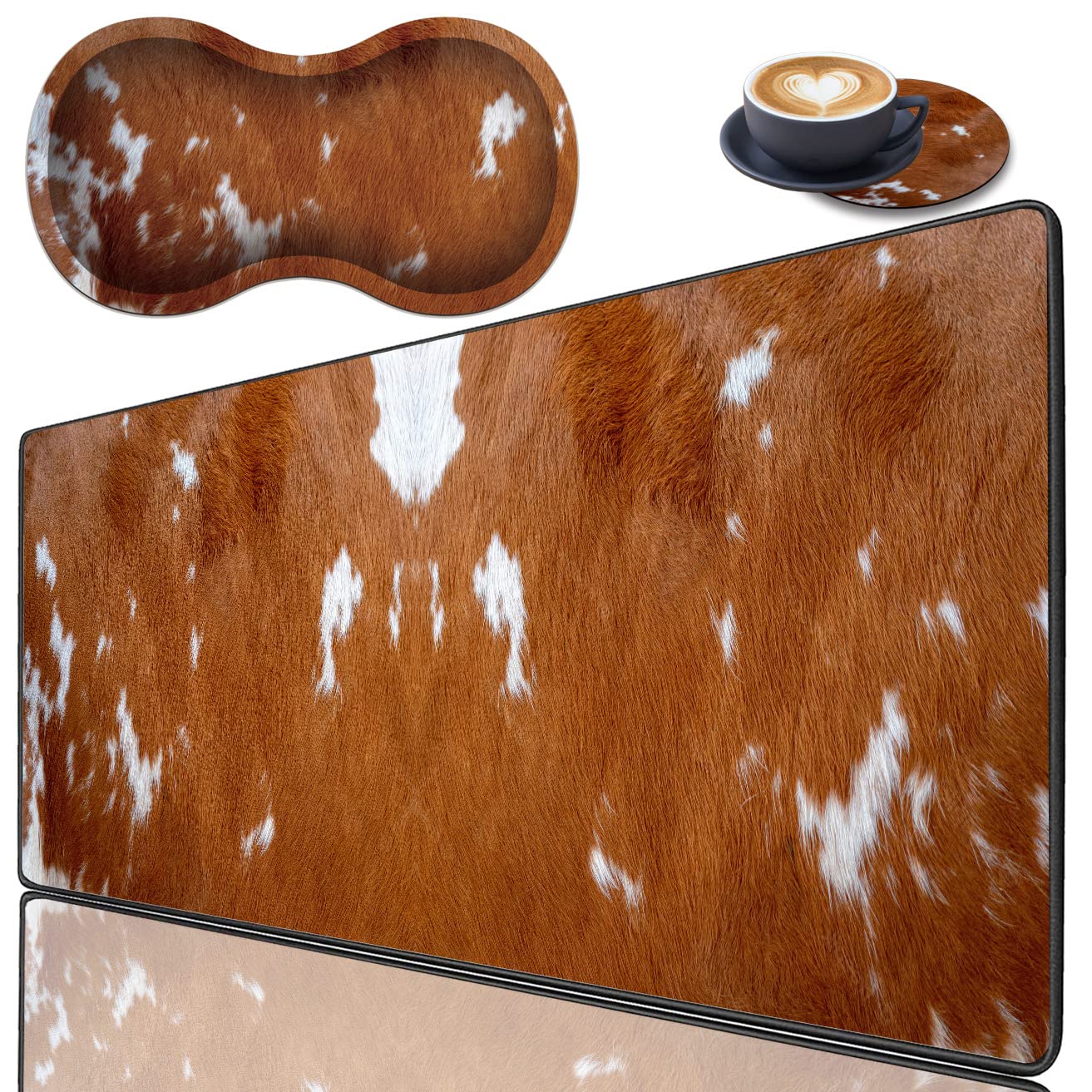 3-Piece Premium Mouse Pad Set - Large Anti-Slip Desk Mat with Stitched Edges, Memory Foam Wrist Rest & Coaster - Cowhide Leopard Brown Design for Office & Home Use - Perfect for Gaming, Work & Computer Comfort
