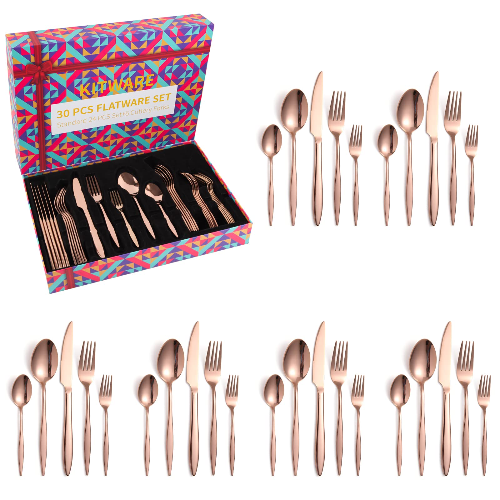 Premium 30-Piece Rose Gold Flatware Set - Stainless Steel Silverware for 6, Elegant Dining Utensils with Forks, Knives & Spoons - Perfect for Home, Restaurant & Wedding Table Settings - Durable Kitchen Essential & Dinner Party Tableware