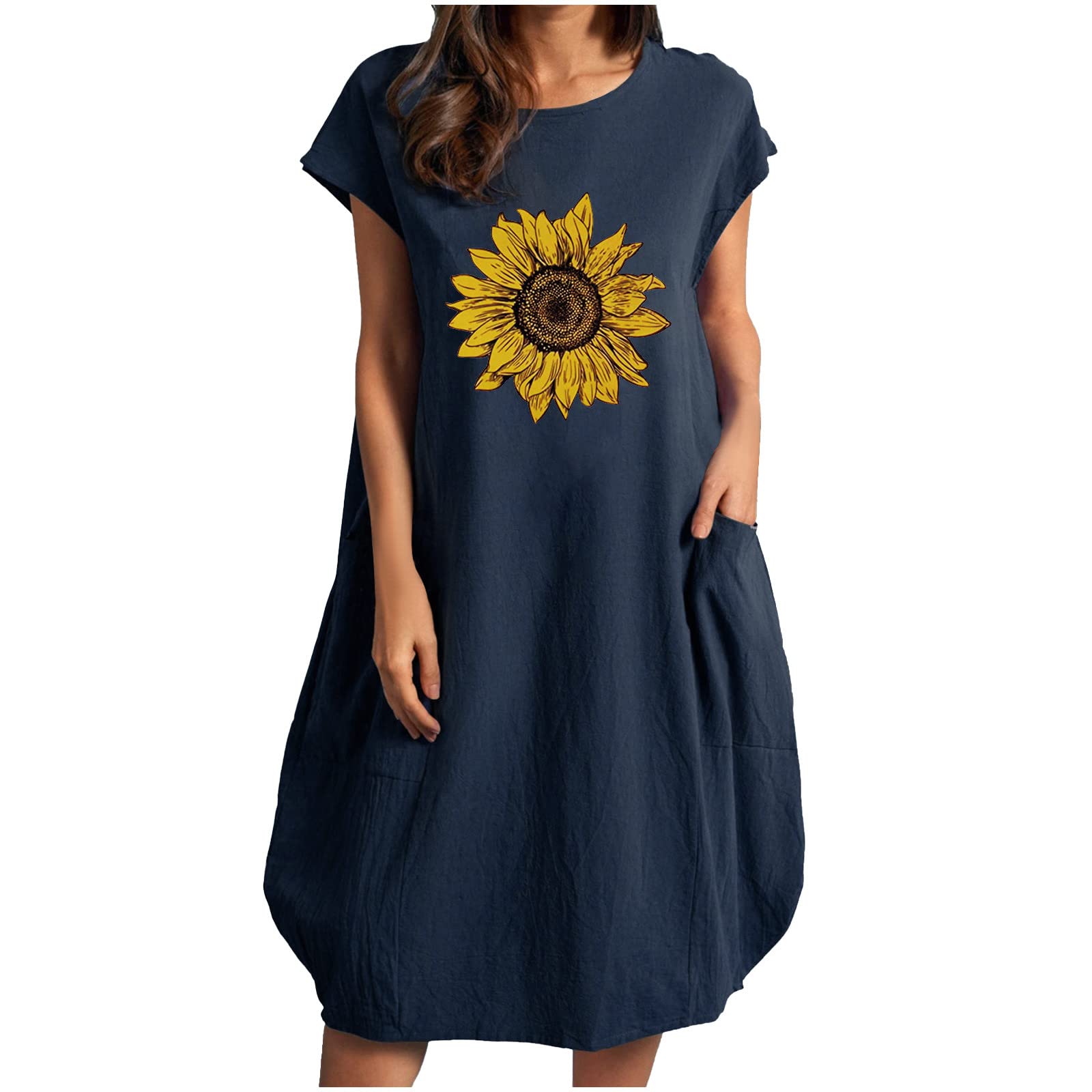 LIUguoo Women's Cotton Linen Pocket Dress - Loose Fit Tunic Kaftan with Short Sleeve, Sunflower Print Midi Dress for Summer | Beach Vacation, Casual Outing, Boho Style
