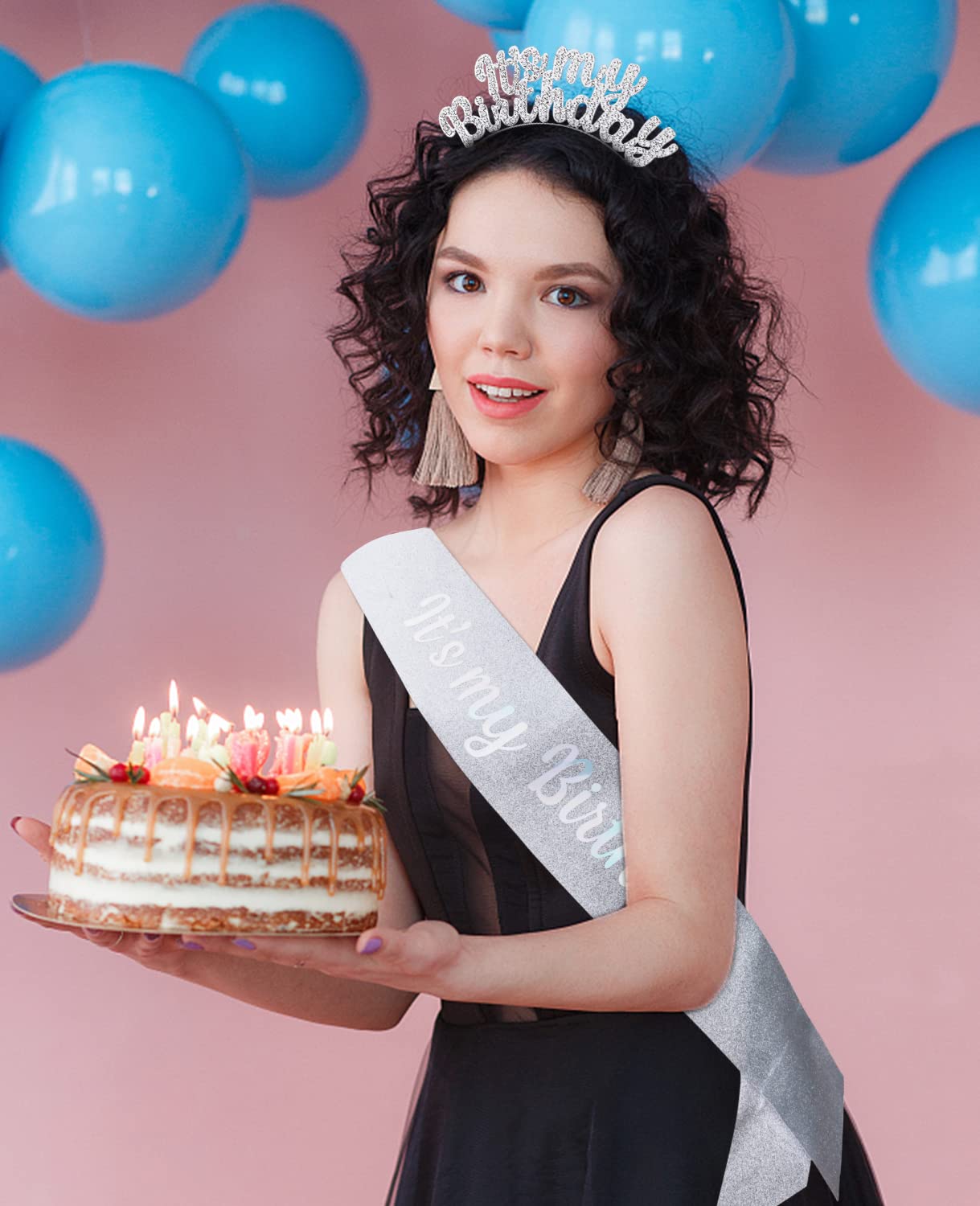 Girls Birthday Crown Set - Cute Birthday Tiara & Sash for Women, Silver Princess Headband - Perfect for Birthday Parties, Photo Shoots & Special Celebrations