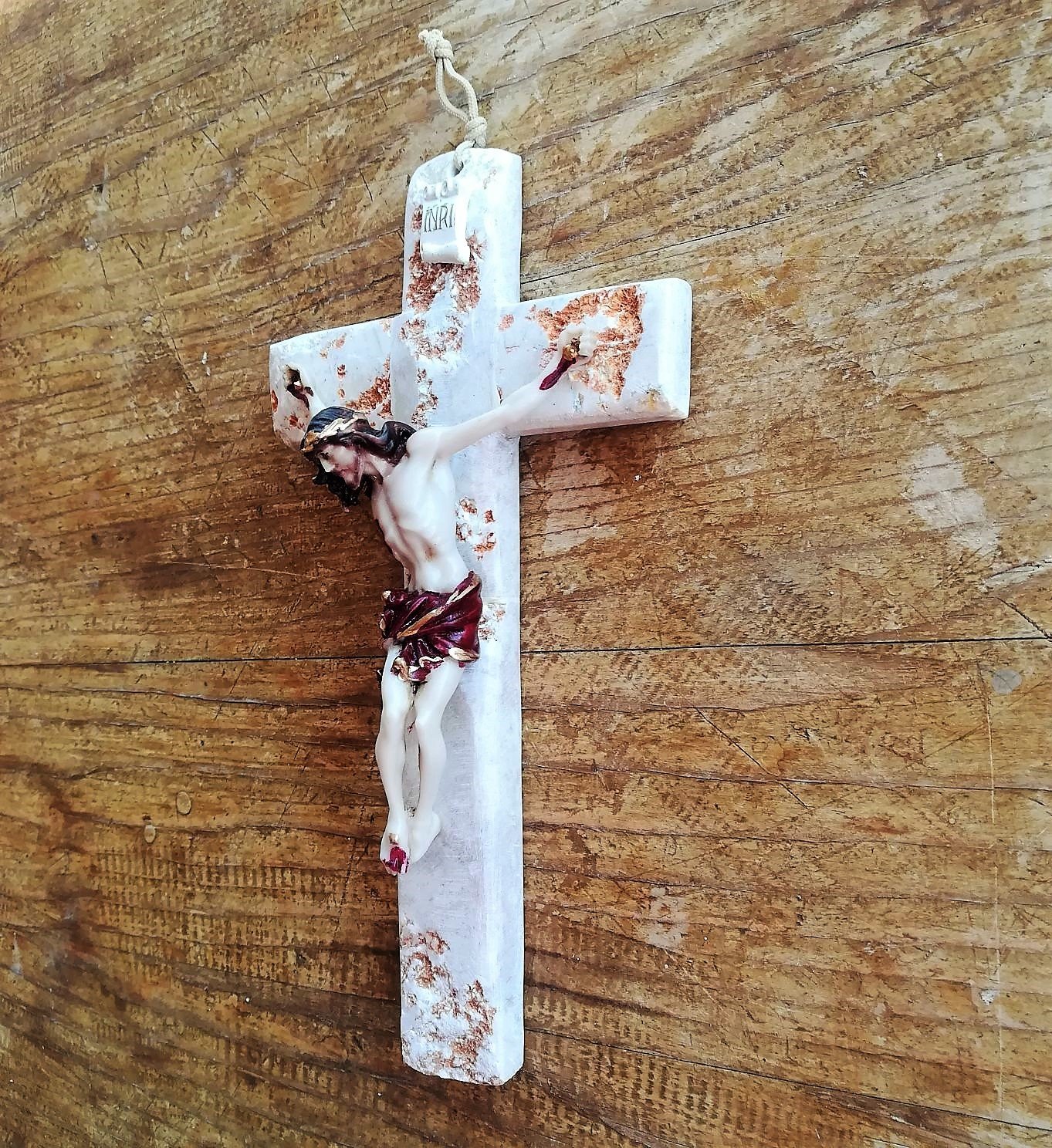 Handmade Medjugorje Stone Wall Cross Crucifix - 12 Inch Christian Catholic Home Decor for Wall Hanging, House Blessing, Religious Gift for Baptism, First Communion & Spiritual Protection