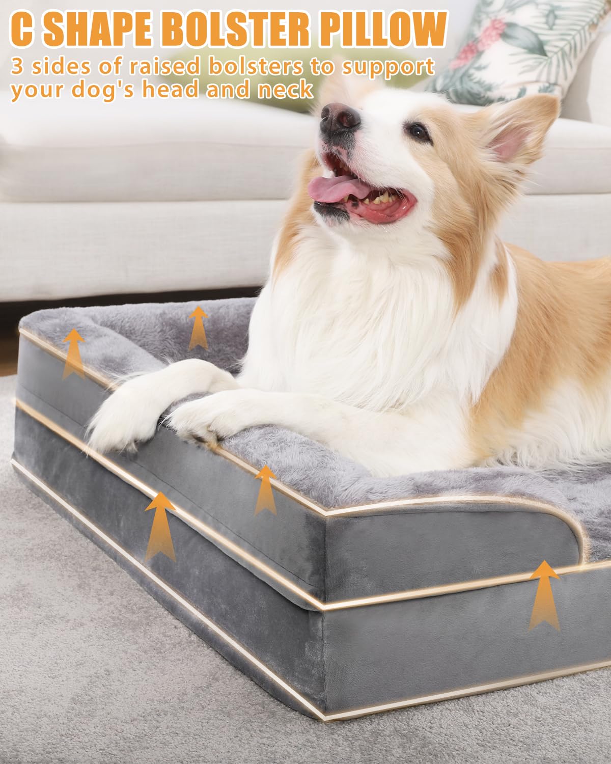 **Orthopedic Dog Bed for Large Dogs - Waterproof XL Dog Bed with Supportive Sides & Non-Slip Bottom - Washable Removable Cover - Gray (53x36 Inches) - Perfect for Senior Dogs, Arthritic Pets & Comfortable Lounging**