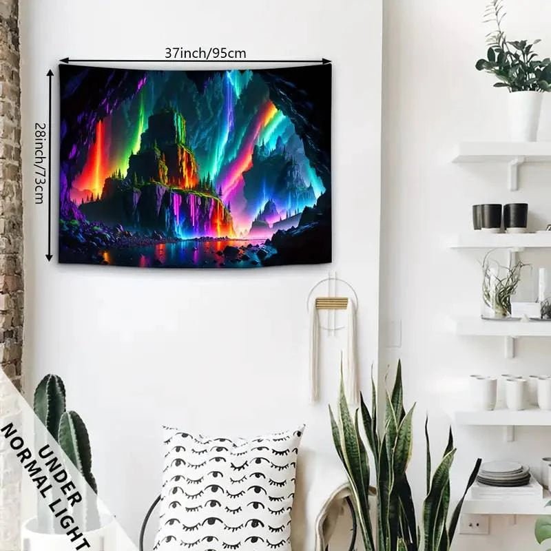 Cave Landscape Glow in the Dark Tapestry - UV Reactive Wall Art Decor for Bedroom, Living Room & Dorm Room Aesthetic