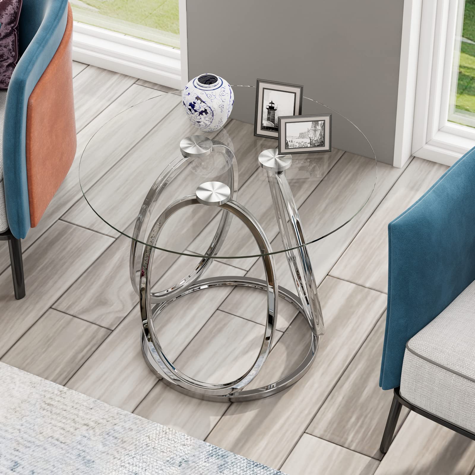 Modern Silver Glass End Table with Chrome Metal Frame - Round Side Table for Living Room, Bedroom & Home Office - Stylish Nightstand for Small Spaces, Dorm & Apartment Decor - 1 PC