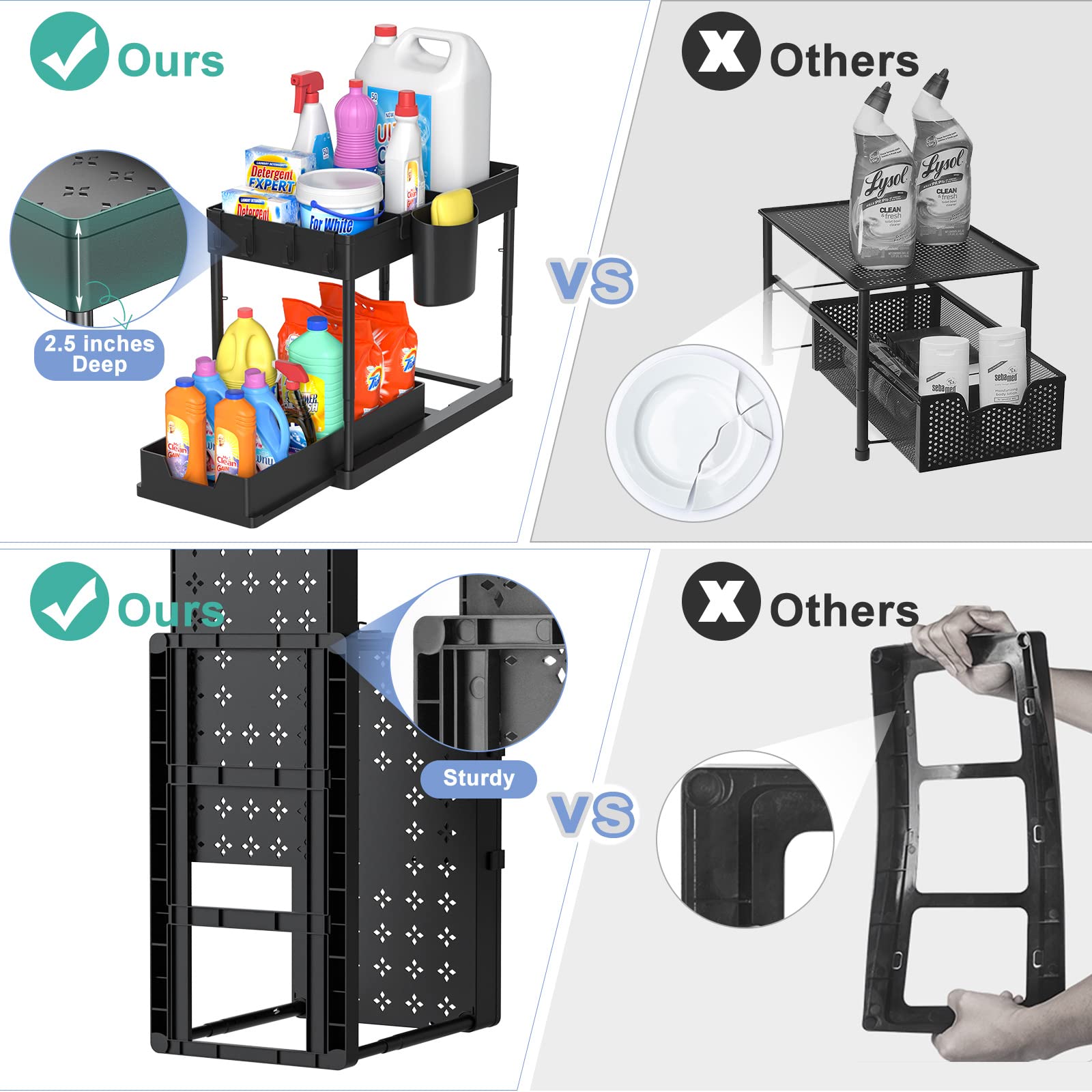 2-Tier Under Sink Organizer with Adjustable Height - Black Bathroom & Kitchen Storage Cabinet with 4 Removable Dividers, 4 Hooks & Cup - Perfect for Maximizing Under-Sink Space in Bathrooms, Kitchens & Laundry Rooms