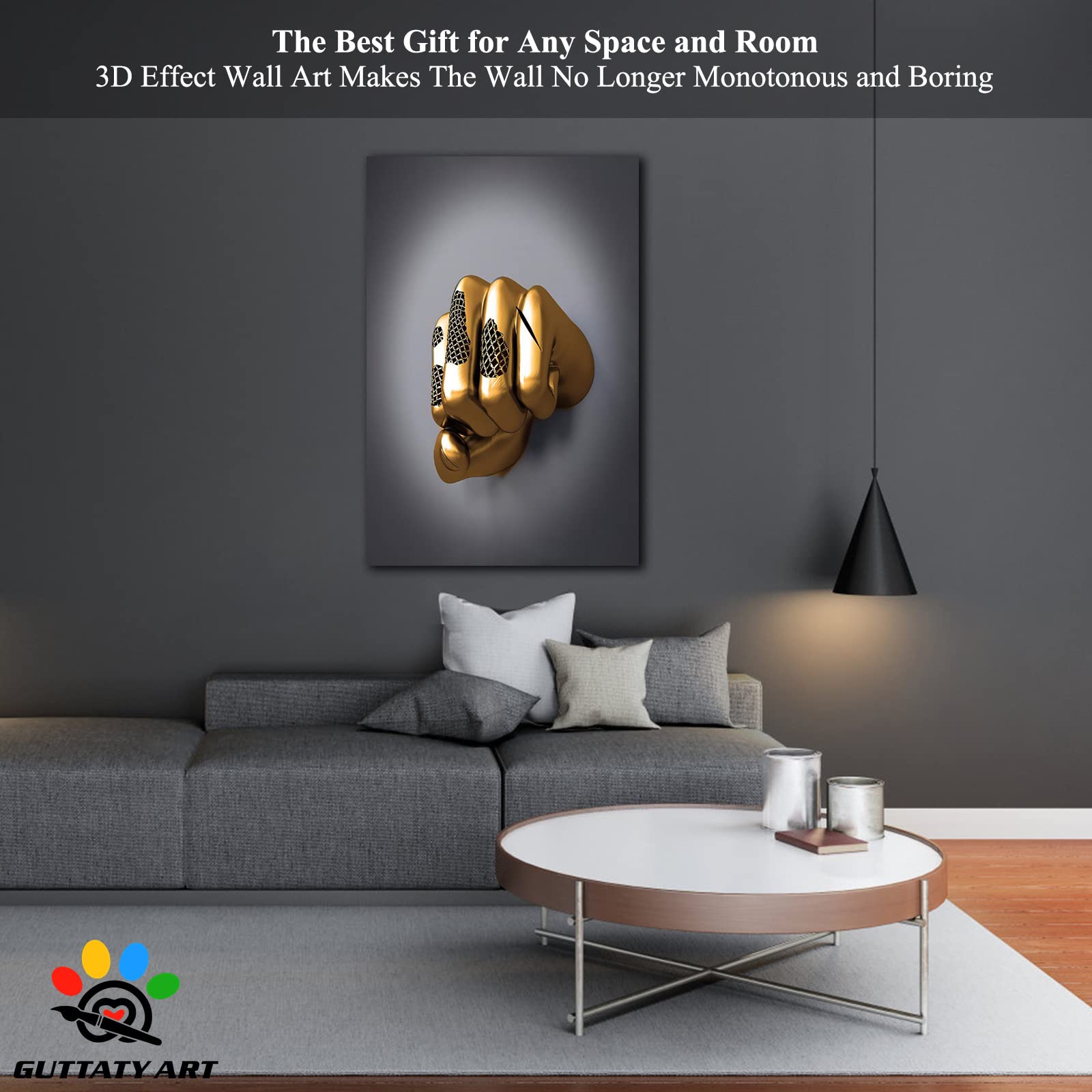 3D Metal Effect Fist Canvas Wall Art - Modern Silver Framed Wall Decor for Living Room & Bedroom - Valentine's Day Gift Idea - 24x36 Inches - Perfect for Man Cave, Office Decor, and Home Interior Design