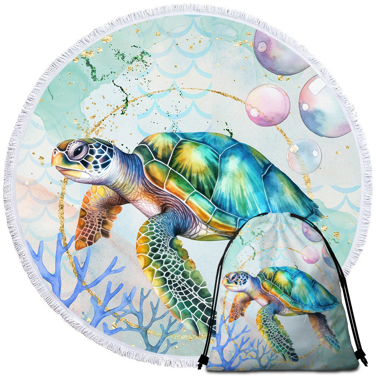 Premium Soft Coral Reef Sea Turtle Round Beach Towel - Large Quick Dry Sandproof Towel for Pool, Beach, Picnic & Yoga - Perfect Summer Outdoor Accessory