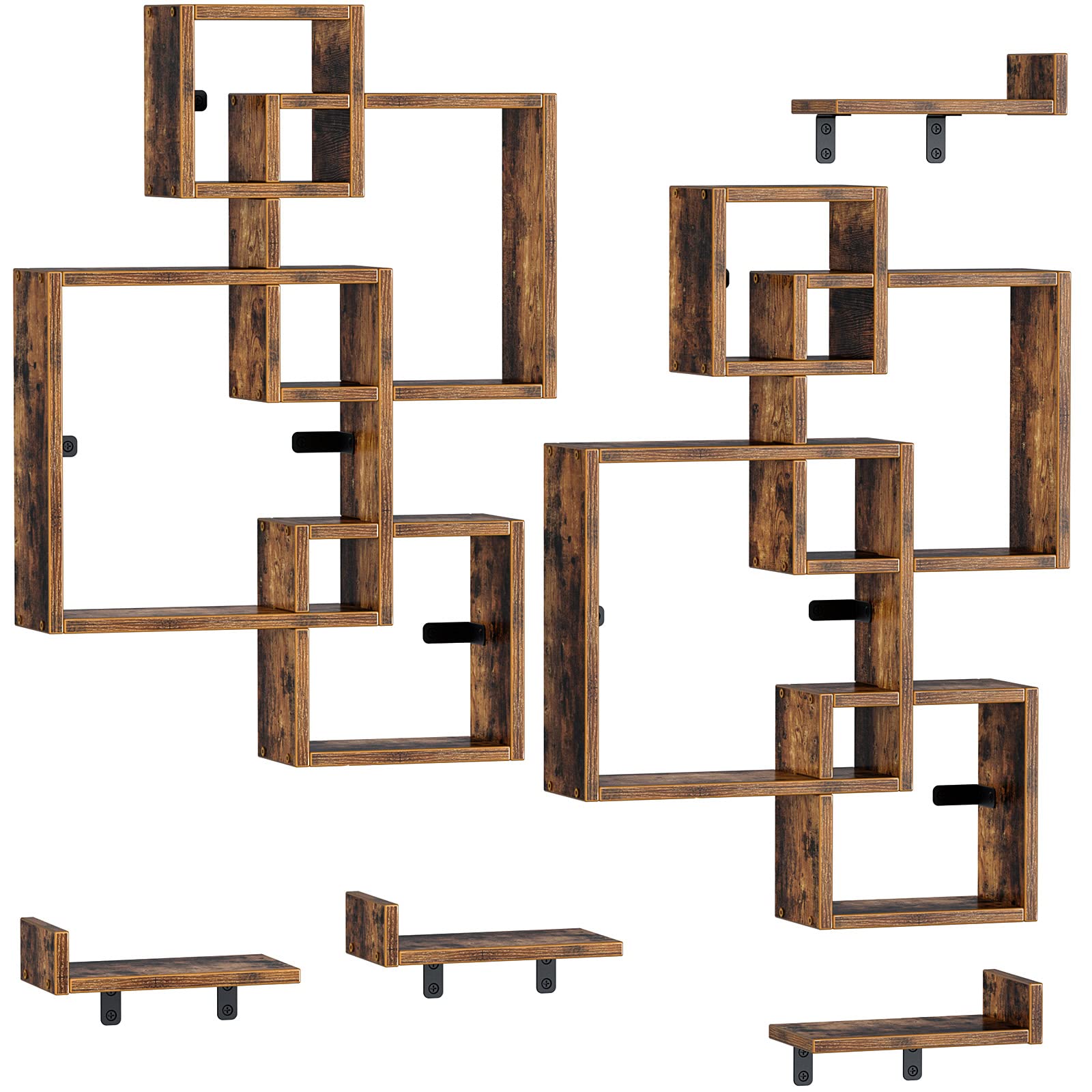 Rolanstar 4-Cube Floating Shelves Set, Wall Mounted Intersecting Shelves for Home Decor & Storage - Rustic Brown (2 Pack) - Perfect for Living Room, Bedroom & Office Organization
