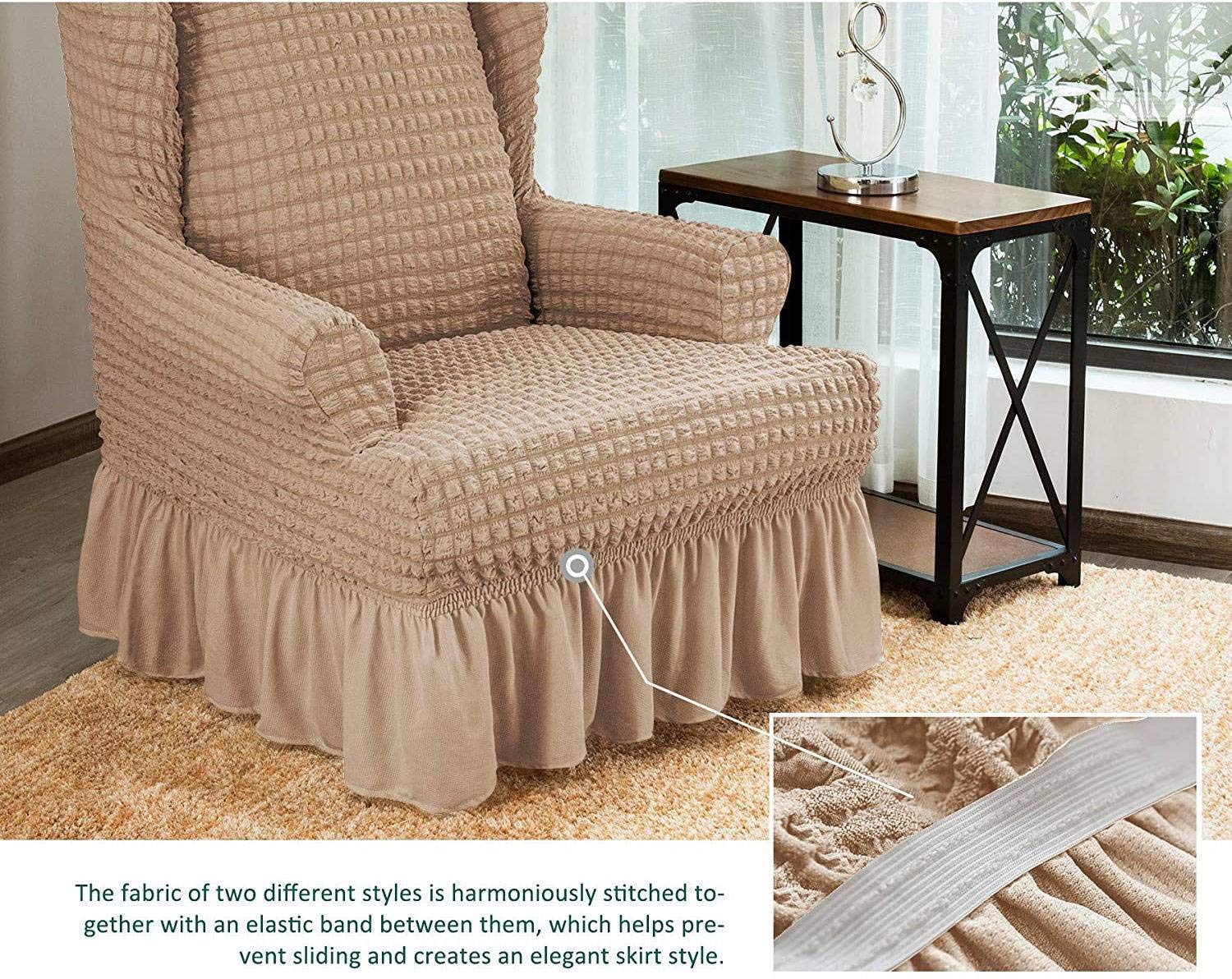 1-Piece Soft Wingback Chair Cover with Elegant Ruffle Skirt - Washable, High Elastic Slipcover, Durable Furniture Protector in Shallow Khaki - Perfect for Living Room, Bedroom, and Office Decor