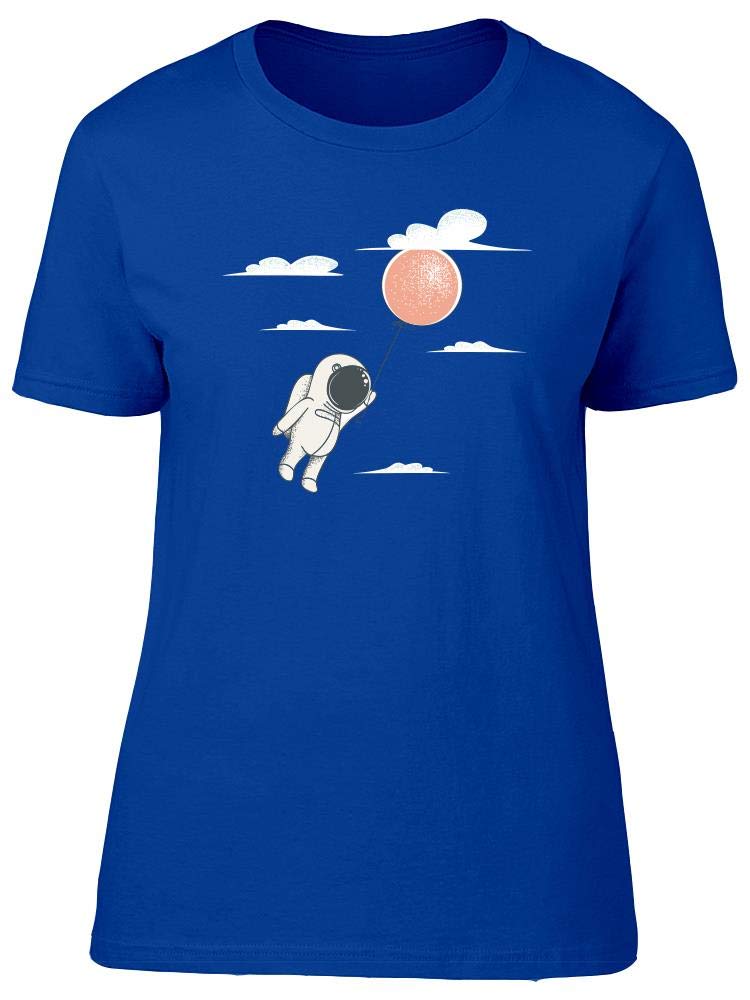 Women's Astronaut Flying with Red Balloon Graphic T-Shirt - Casual Space Theme Tee for Everyday Wear & Fun Outfits