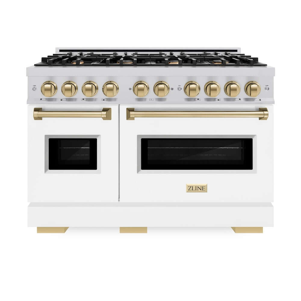 ZLINE Autograph Edition 48-Inch 6.7 cu. ft. Stainless Steel Dual Fuel Range - 8 Burner Gas Cooktop with White Matte Doors & Champagne Bronze Accents | Professional Kitchen Appliance for Home Chefs & Entertaining