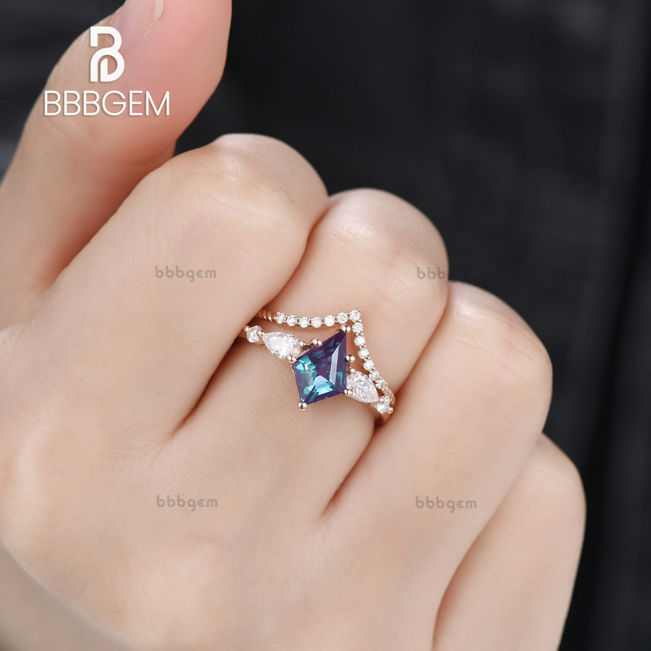 7x10mm Rose Gold Kite Step Cut Alexandrite Engagement Ring Set with Moissanite Wedding Band & Curved V Matching Band | Perfect for Proposals, Anniversaries & Bridal Jewelry