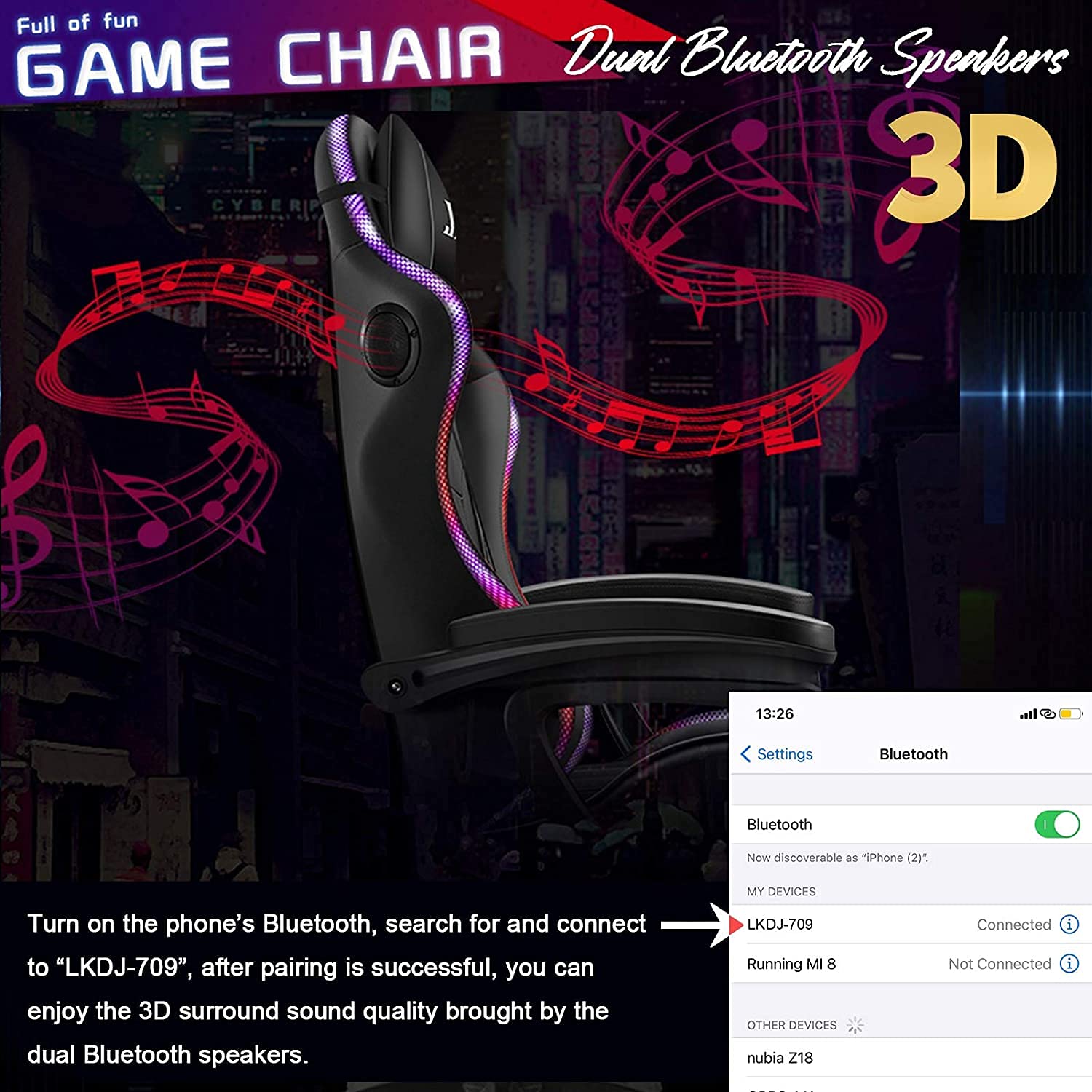 Ergonomic Gaming Chair with Bluetooth Speakers & RGB Lights - Adjustable Lumbar Support & Massage Function for PC/Console Gamers - Perfect for Esports, Streaming & Home Office Setup