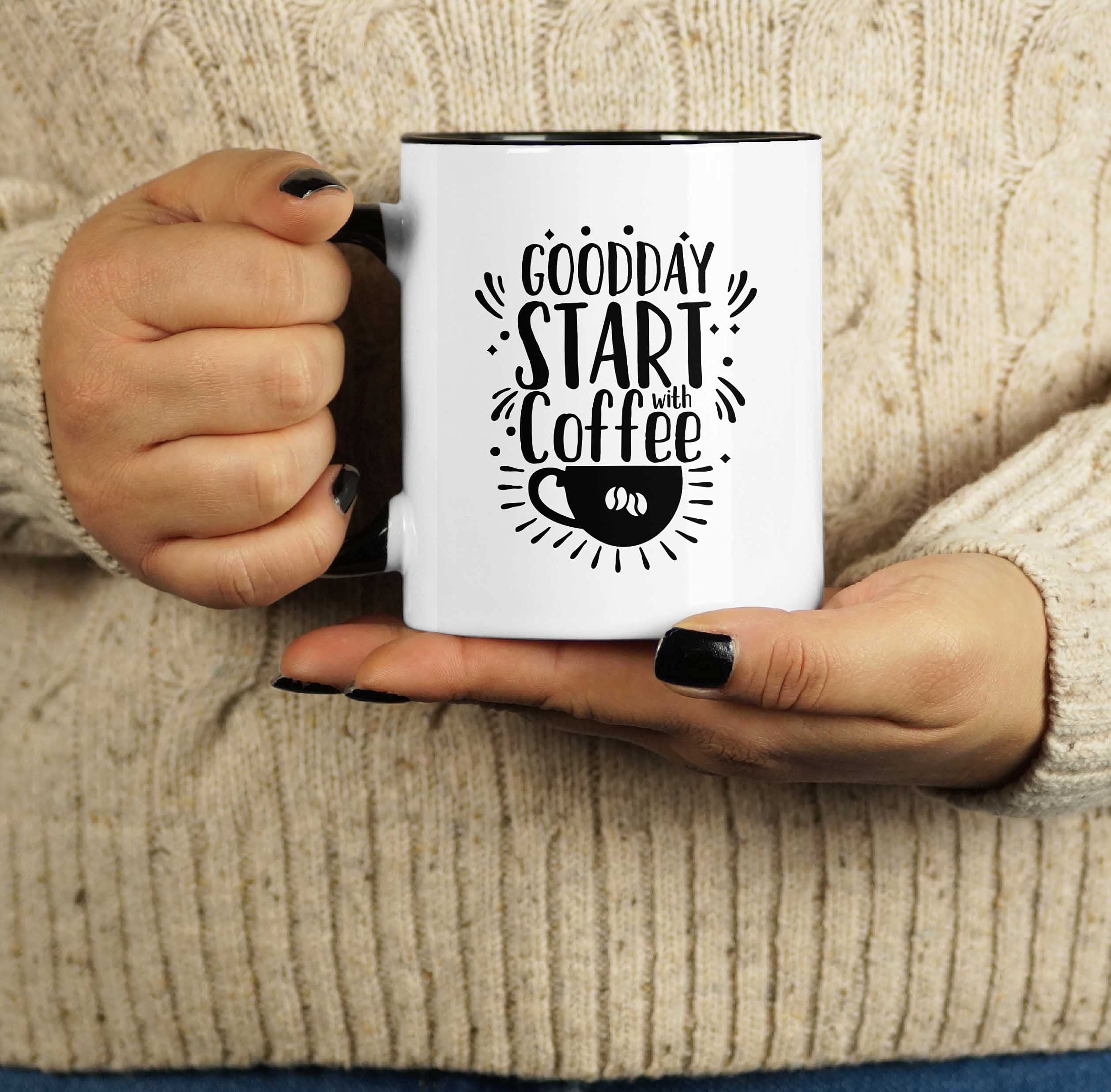 Goodday Start with Coffee - 11 Oz Ceramic Coffee Mug, Perfect Gift for Coworkers, Boss & Coffee Lovers - Black | Ideal for Office, Home & Daily Coffee Rituals