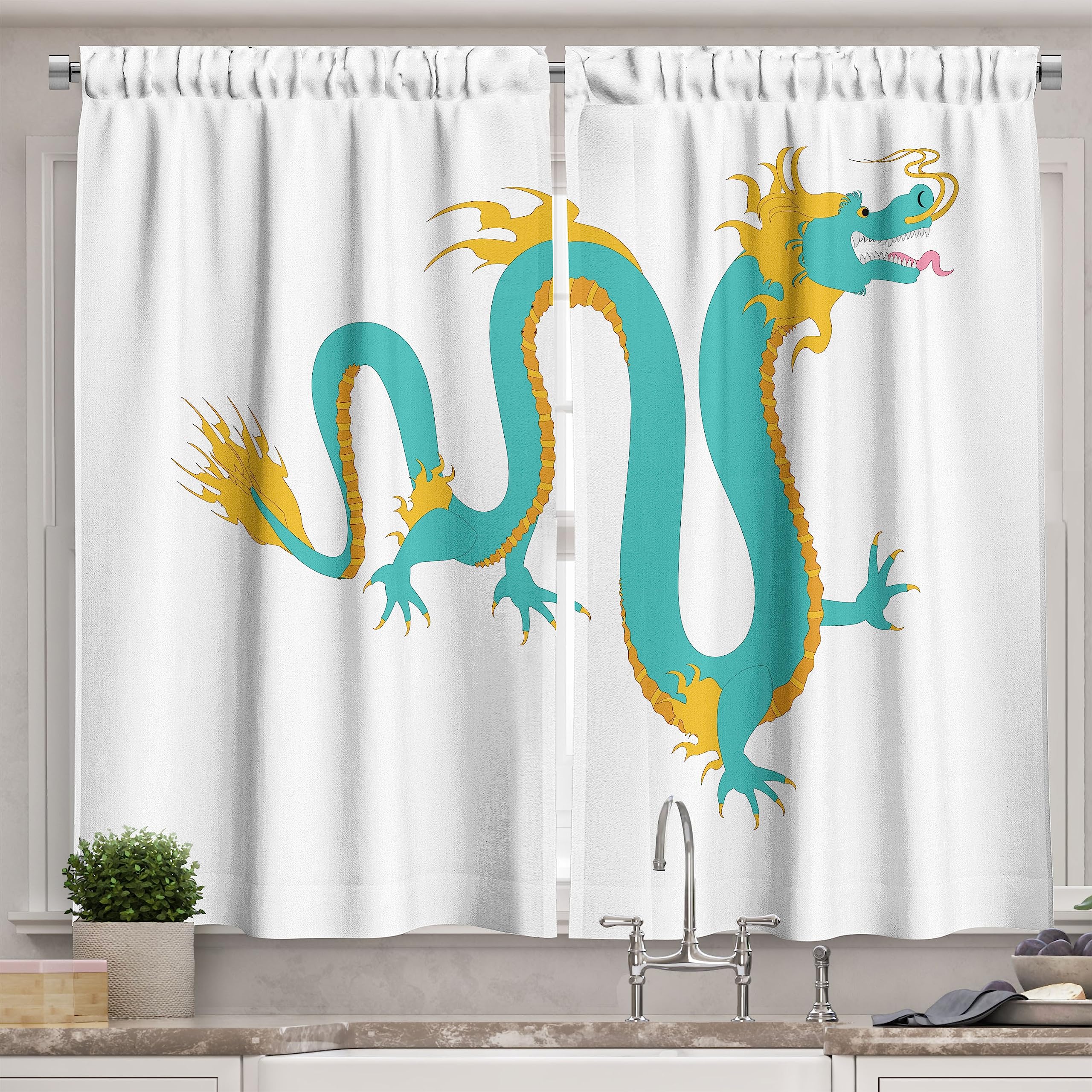 Ambesonne Dragon Kitchen Curtains - Mythological Chinese Dragon Illustration, Cartoon Monster Design, 2 Panel Rod Pocket Drapes, 55