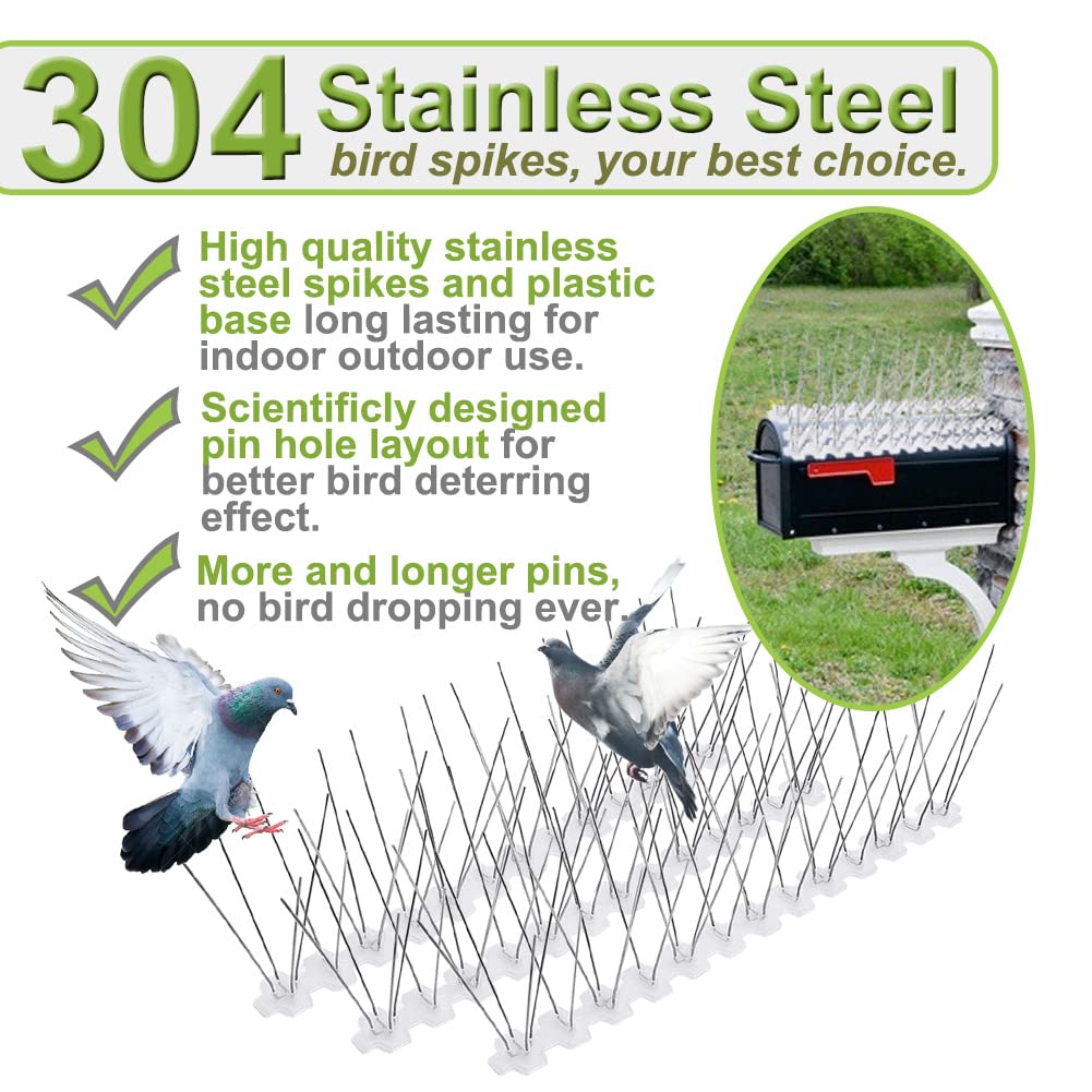 Stainless Steel Bird Spikes for Pigeons & Small Birds - 100ft Coverage, 304 SS Pins with Durable Plastic Base - Outdoor Bird Control for Fences, Roofs, Ledges & Balconies - Prevent Nesting & Protect Property