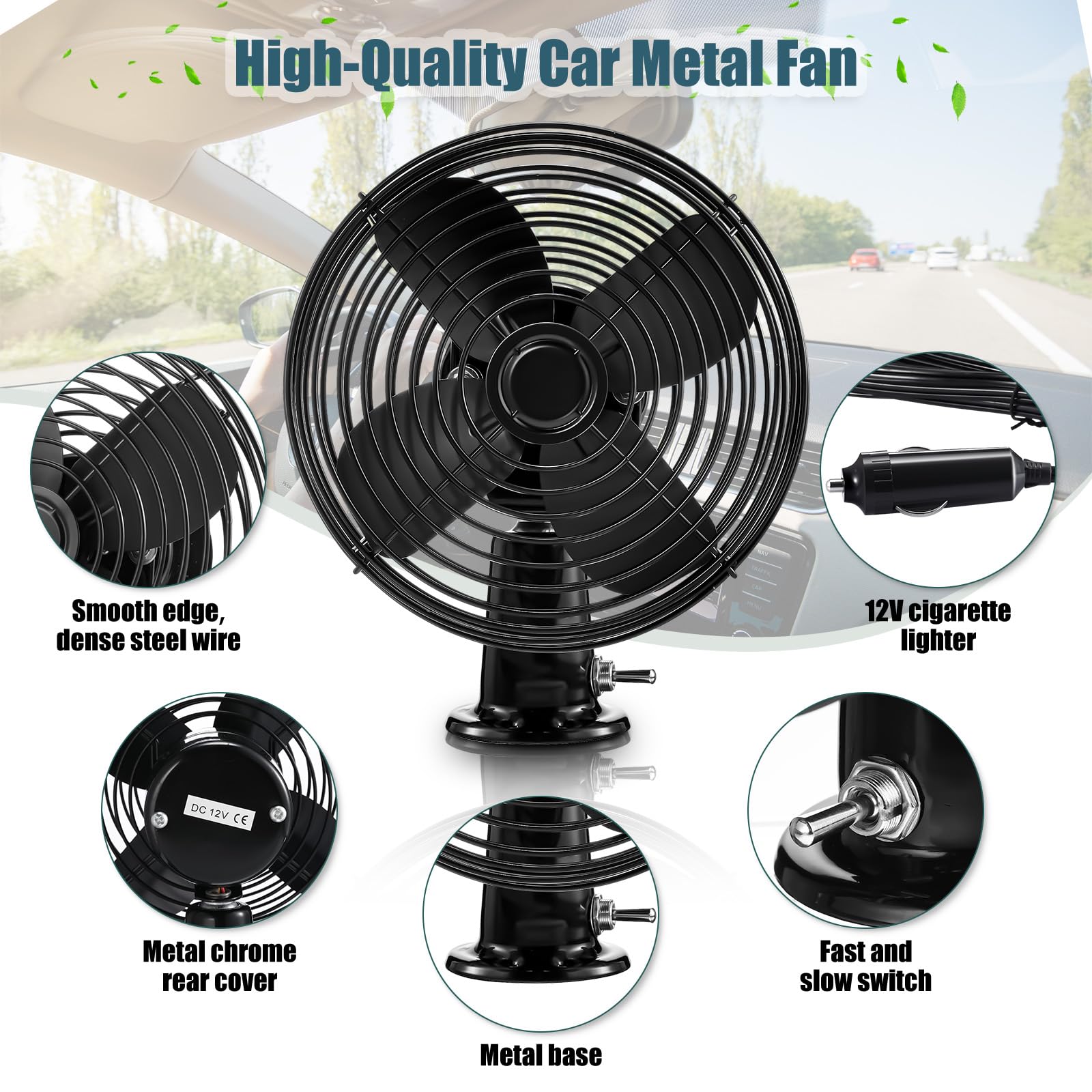 2 Pack 12V Heavy Duty Metal Cooling Fan with 2 Speed Switch & Cigarette Lighter Plug - 6 Inch Black RV Car Fan for Trucks, Vans, Boats, Buses - Perfect for Vehicle Ventilation & Summer Cooling