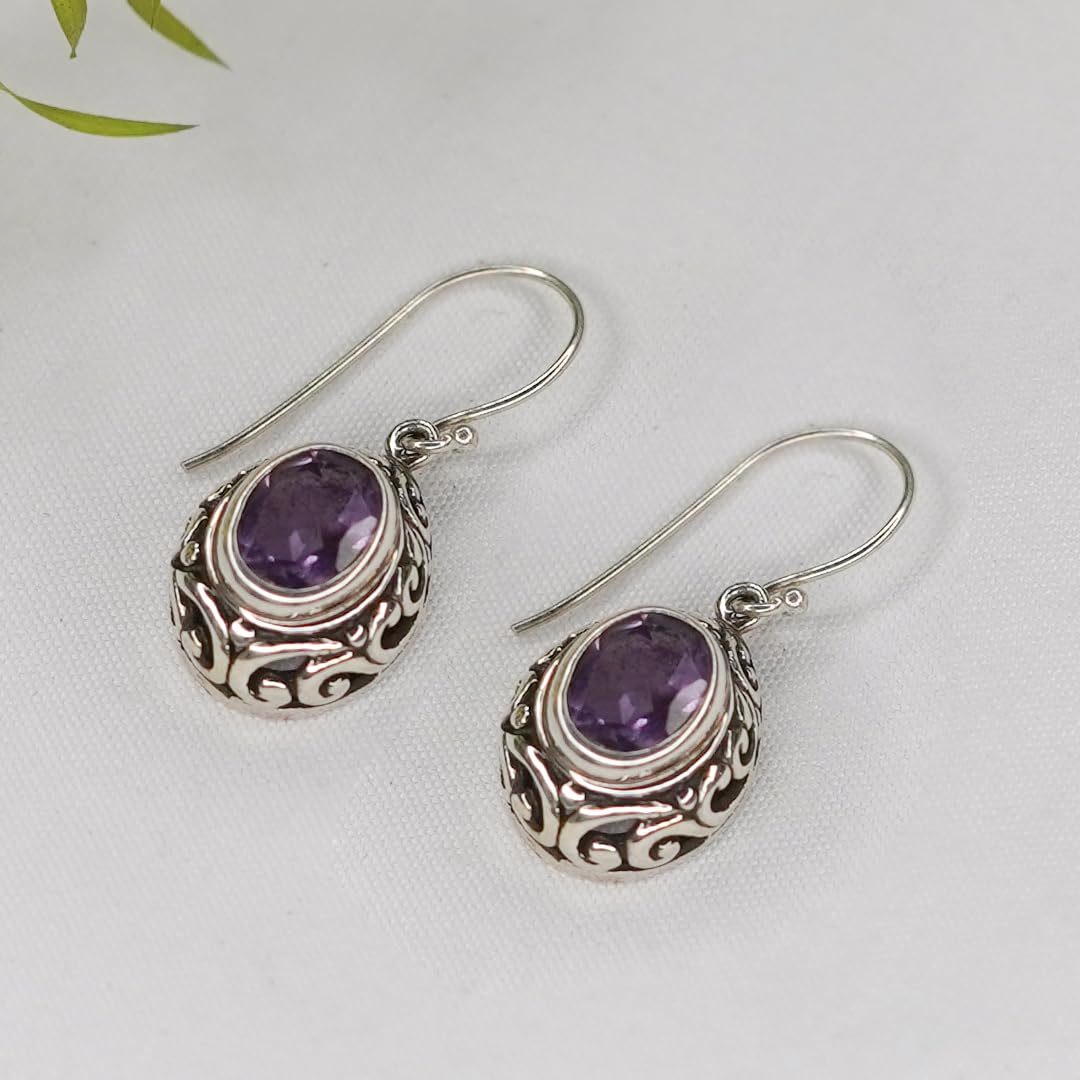 Handmade 925 Sterling Silver Purple Amethyst Gemstone Filigree Drop Dangle Earrings for Women | Unique Tribal Fashion Jewelry | Perfect for Boho Chic, Wedding & Special Occasions