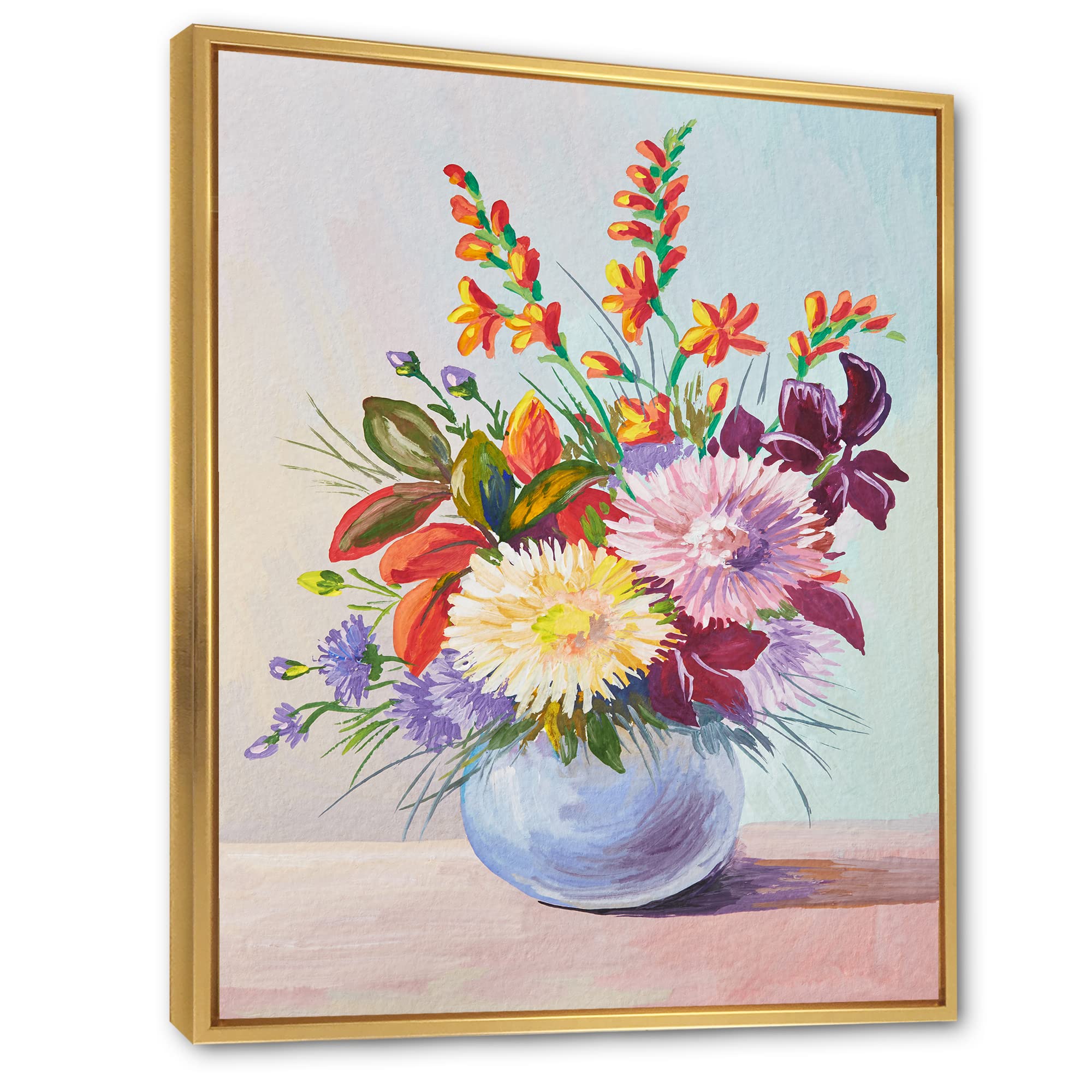 DesignQ Still Life With Asters in White Vase - Traditional Framed Canvas Wall Art Print for Living Room, Bedroom & Office Decor