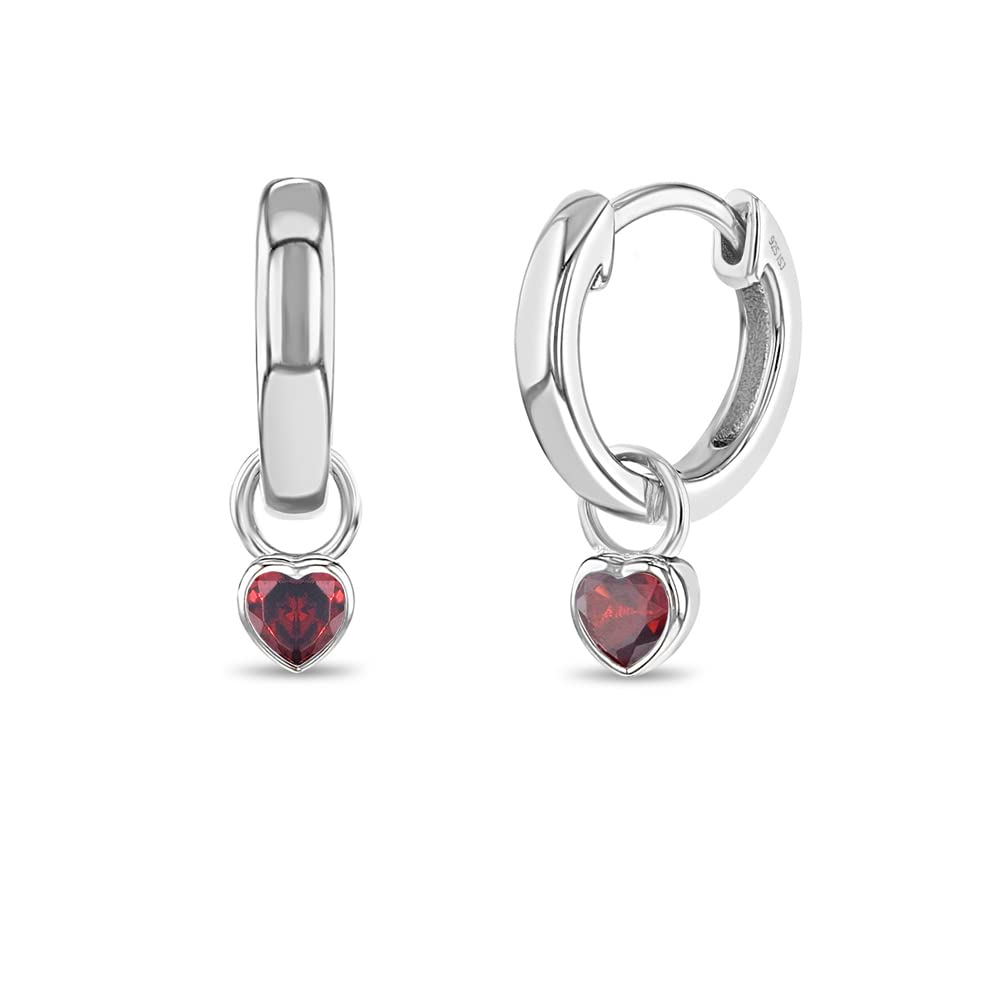 925 Sterling Silver Petite Simulated Birthstone Heart Charm Hoop Earrings for Girls 12mm - Cubic Zirconia Stud Earrings - Dainty Birthstone Jewelry for Teens & Young Women | Perfect for Birthdays, Gifts & Everyday Wear