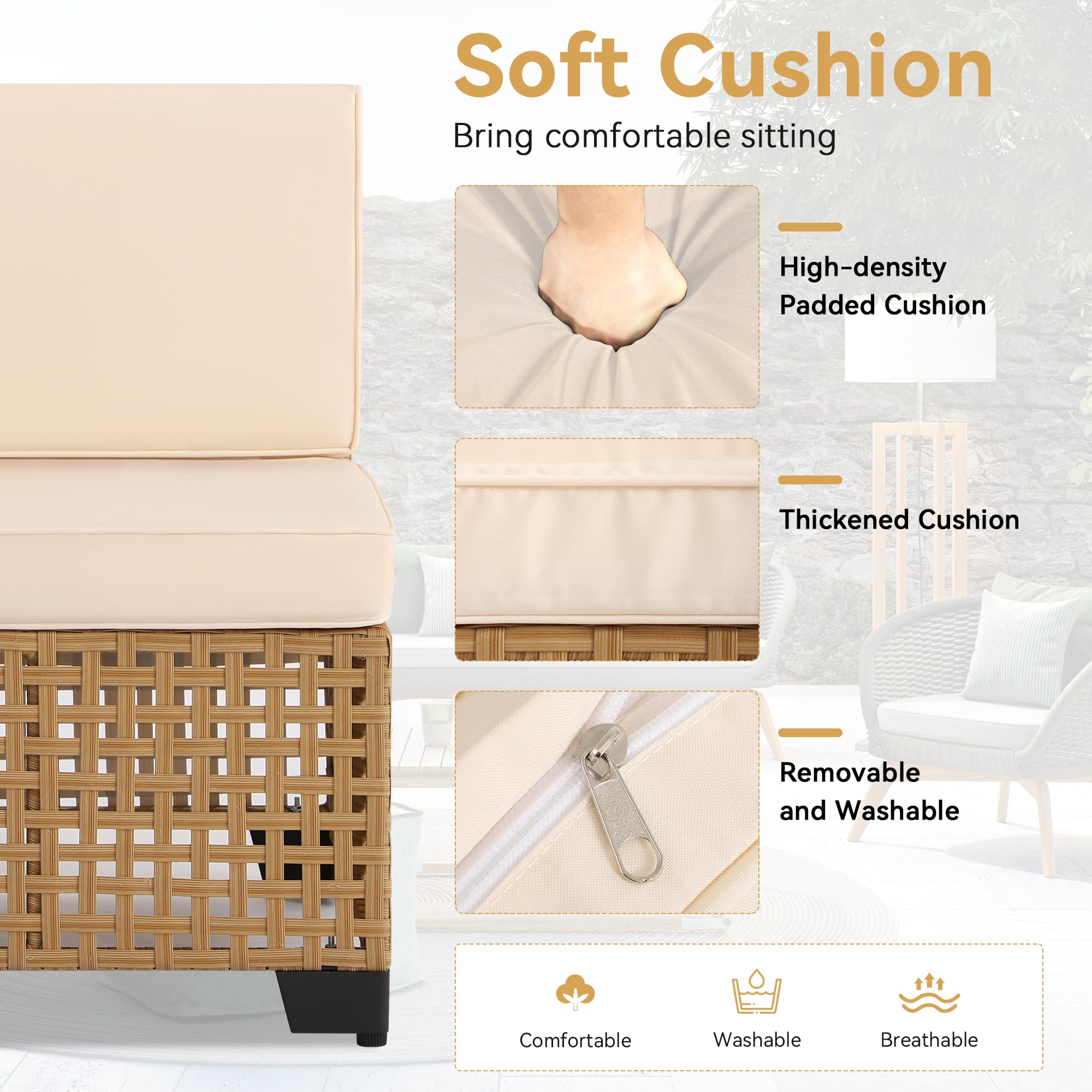7-Piece Outdoor Patio Furniture Set with Rattan Chairs, Glass Table & Wicker Sectional Sofa - Waterproof Cushions Included (Yellow & White) - Perfect for Backyard, Garden & Poolside Relaxation