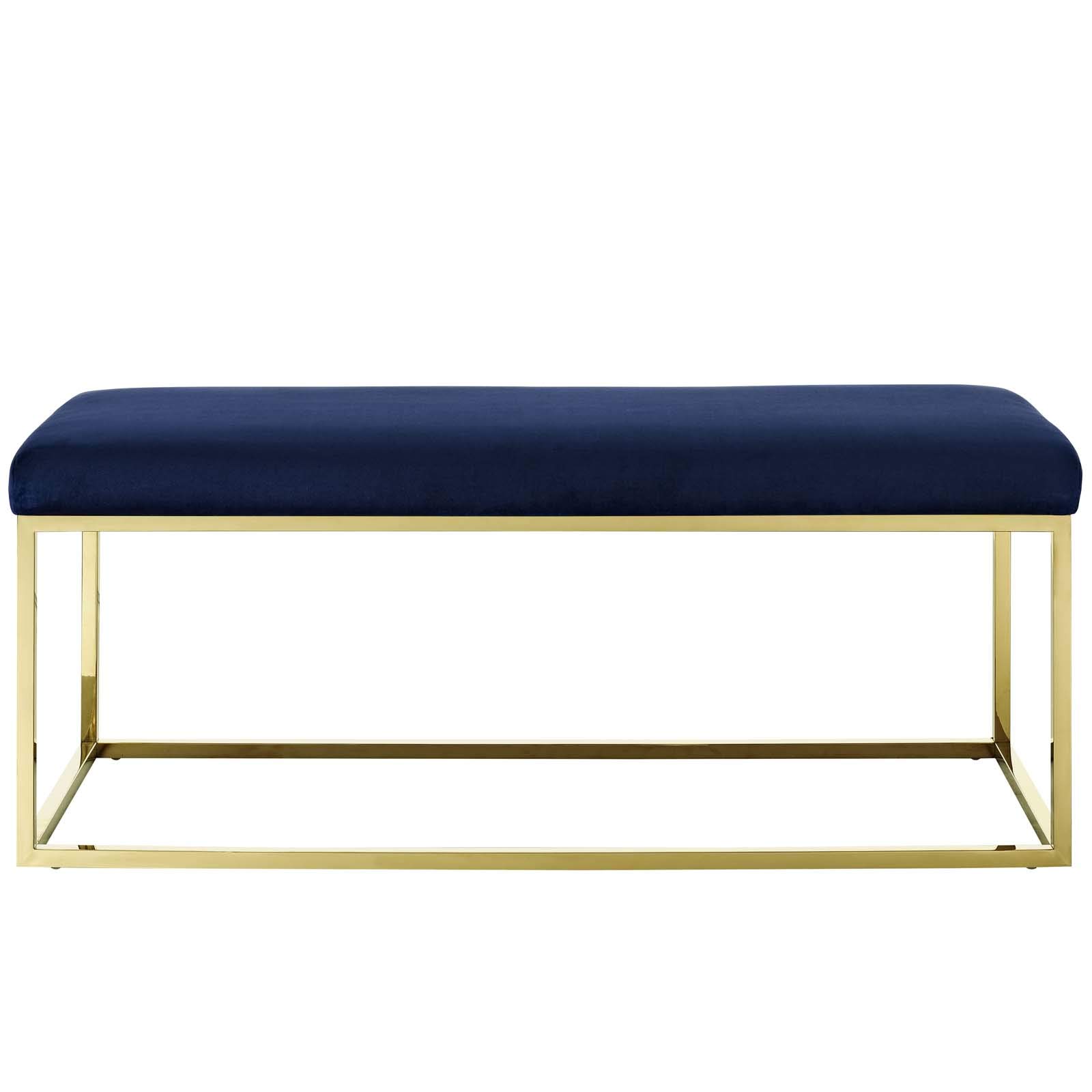 Modern Contemporary Accent Chair Bench with Velvet Fabric & Gold Metal Frame - Navy Blue Lounge Seating for Living Room, Bedroom, or Office Decor