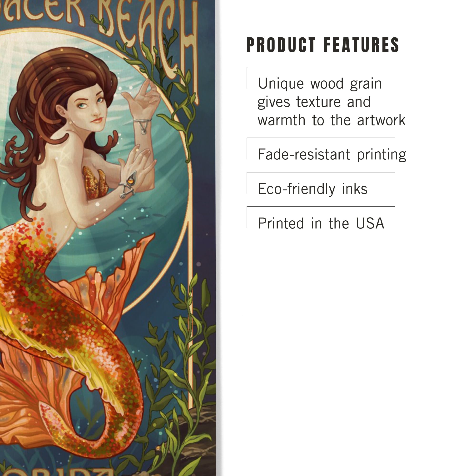 Lantern Press 12x18 Inch Premium Wood Wall Sign - Ready to Hang Coastal Decor - Clearwater Beach Florida Mermaid Art - Perfect for Beach House, Living Room or Gift