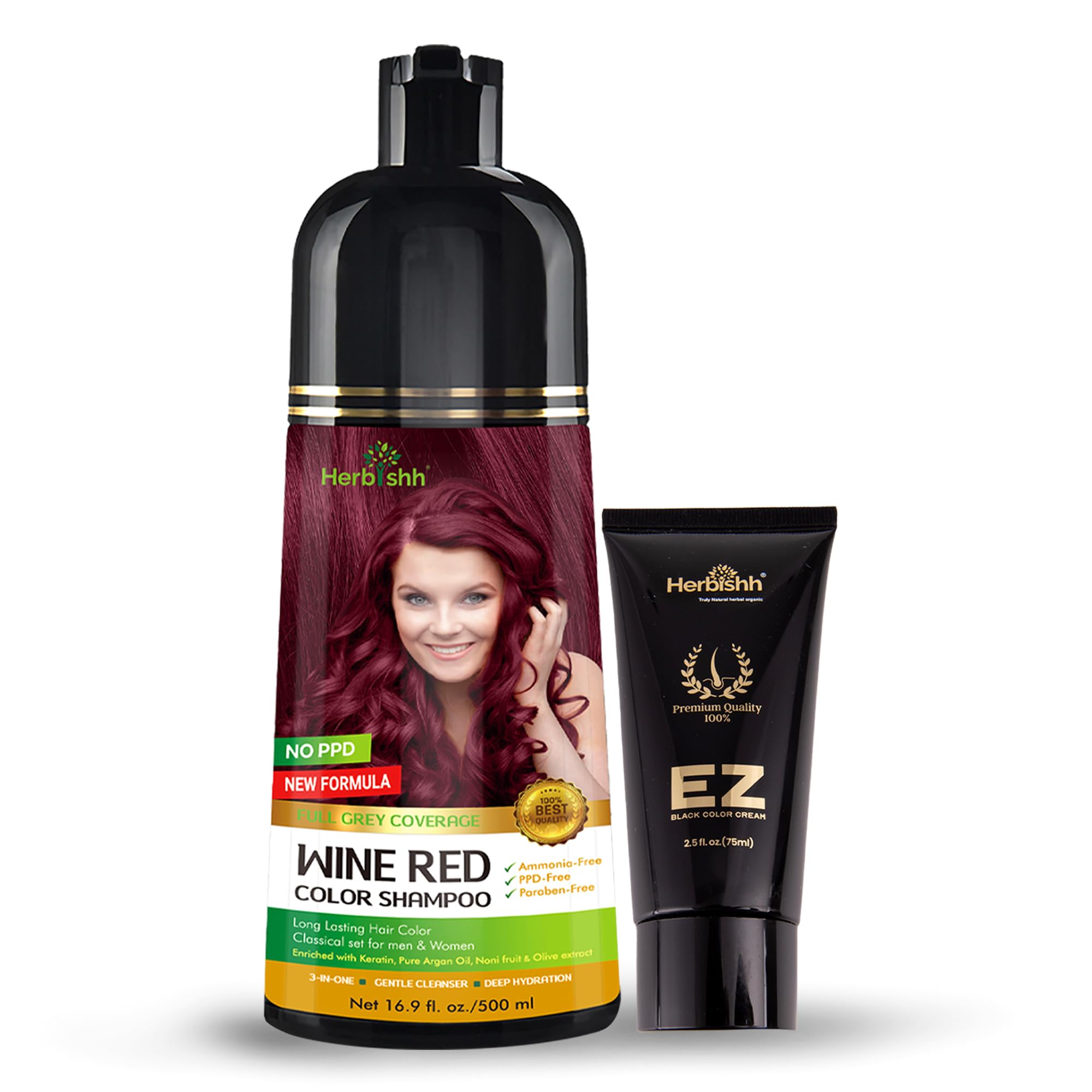 Herbishh Wine Red Hair Color Shampoo & Cream - 500ml Gray Hair Coverage & Natural Color Treatment | At-Home Hair Dye for Women & Men, Salon-Quality Results for Vibrant, Long-Lasting Color | Perfect for Touch-Ups, Root Coverage, and Full Hair Coloring