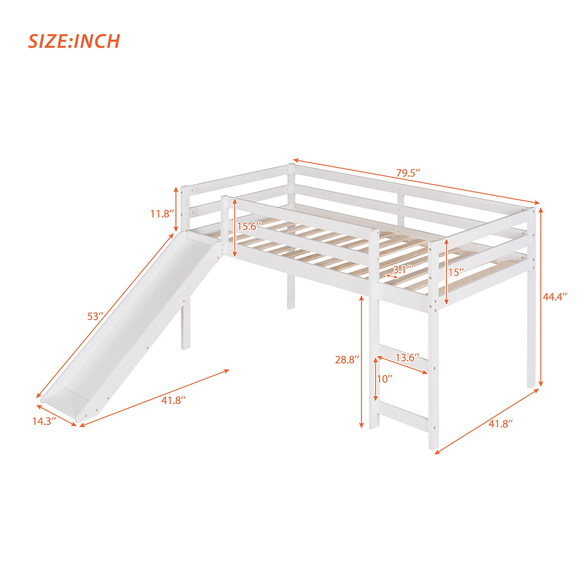 Harper & Bright Designs Twin Size Low Loft Bed with Slide - White Wooden Kids Bunk Bed Frame for Boys & Girls - Perfect for Small Bedrooms, Playrooms & Dorm Rooms