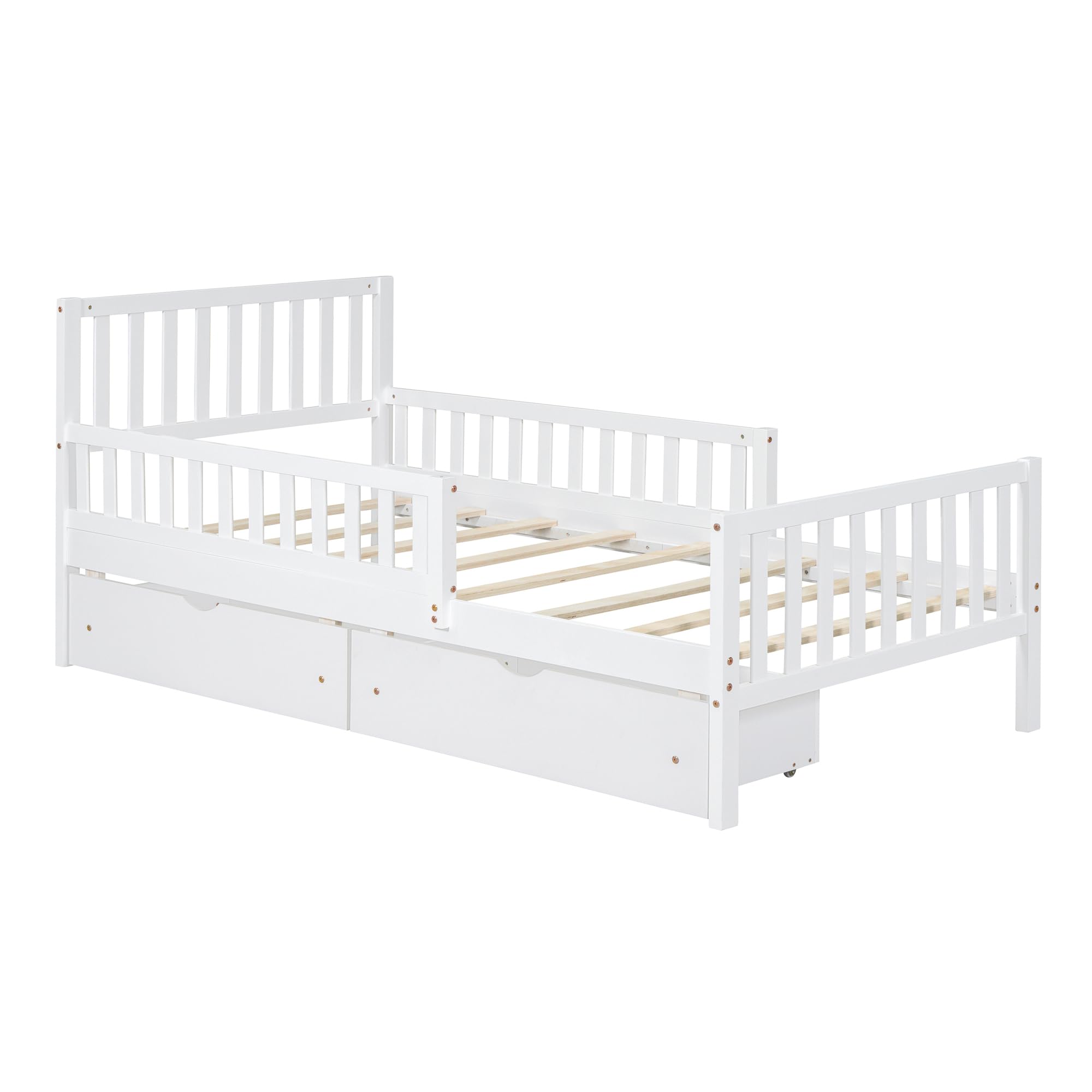 White Twin Size Kids Bed with Guardrails - Low Platform Bed Frame with Headboard, Footboard & 2 Storage Drawers - Safe Children's Bed for Boys & Girls - Perfect for Small Bedrooms, Guest Rooms & Kids' Shared Spaces