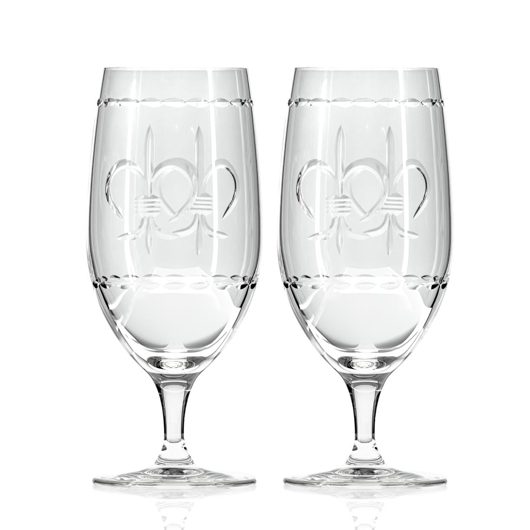 Fleur De Lis 16oz Footed Iced Tea Glasses - Set of 2 | Elegant Crystal Clear Glassware for Summer Beverages, Iced Coffee & Cocktails | Perfect for Parties, Picnics & Outdoor Entertaining