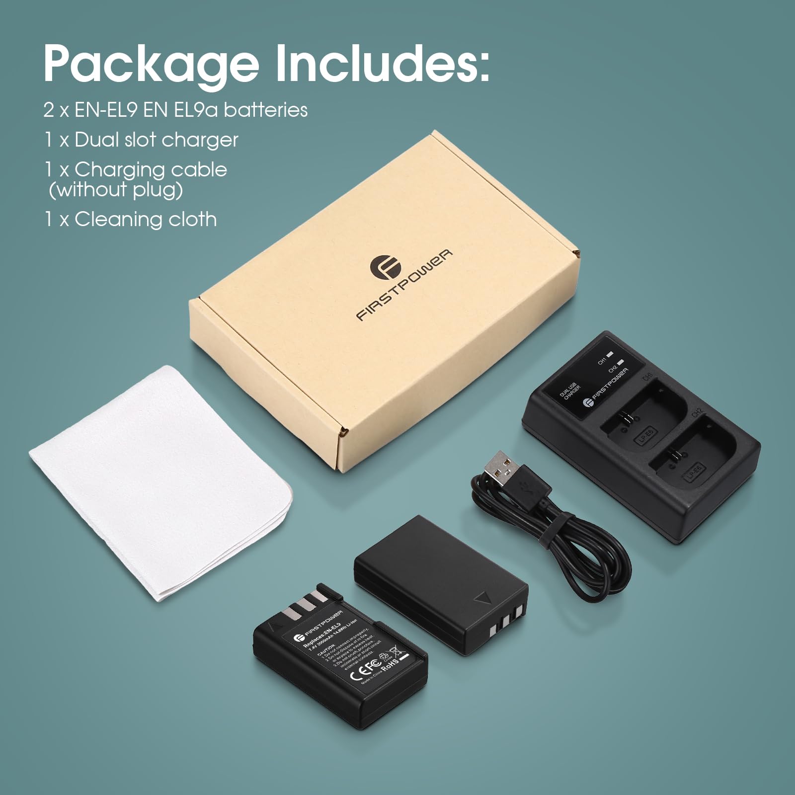 FirstPower EN-EL9 EN-EL9a Rechargeable Battery 2-Pack 2000mAh with Dual USB Charger - Compatible with Nikon D40 D40x D60 D3000 D5000 DSLR Cameras - Perfect for Travel Photography & Professional Shooting