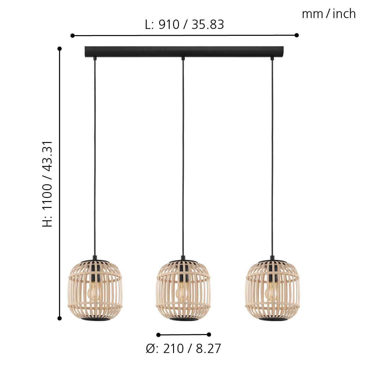Eglo Bordesley 3-Light Bamboo Shaded Ceiling Pendant Light Fixture - Modern Farmhouse Kitchen Island Lighting, Dining Room Chandelier, Bar Lighting