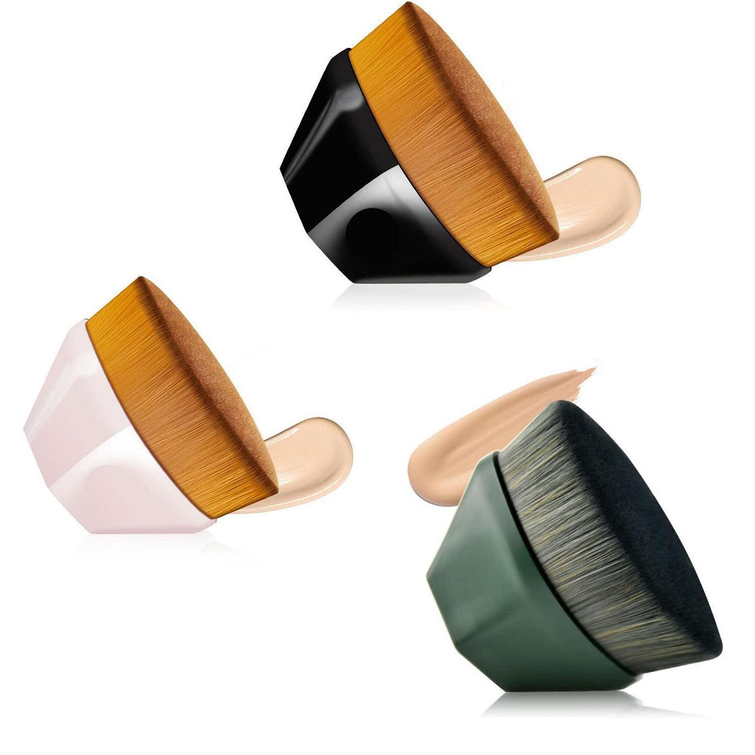 LXZL Makeup Brushes for Foundation - Set of 3 Flat Kabuki Brushes (Black, Green, Pink) - Liquid Foundation & Blending Brush Kit for Flawless Makeup Application - Perfect for Everyday Use, Professional Makeup Artists & Travel