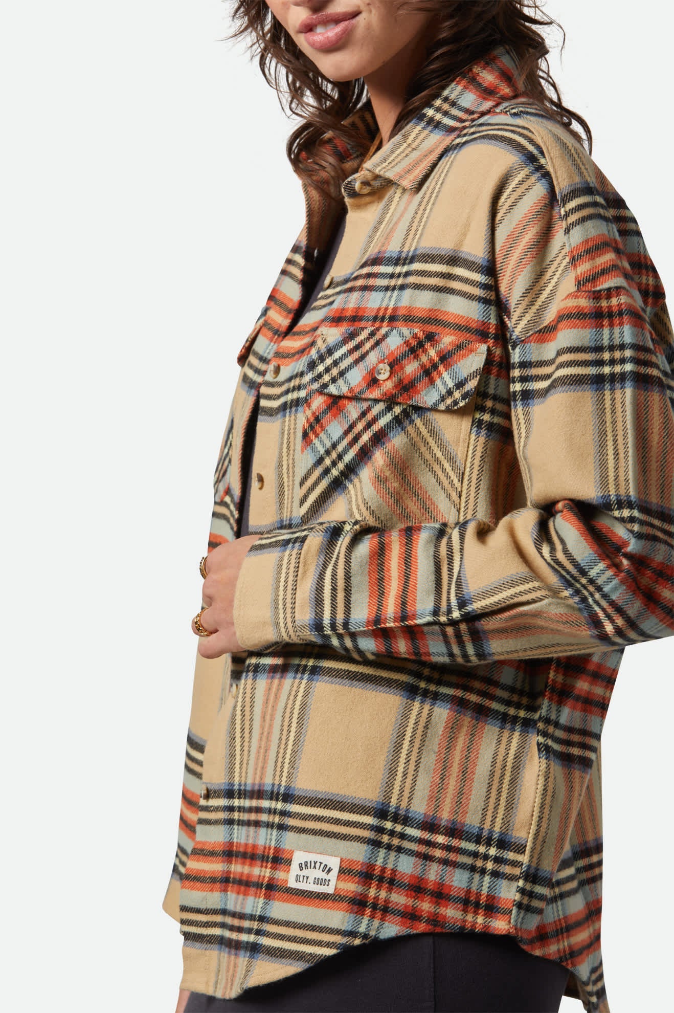 Bowery Women's Classic Long Sleeve Flannel Shirt - Sand, Burnt Brick & Black Plaid - Cozy Fall & Winter Layering for Casual Outfits