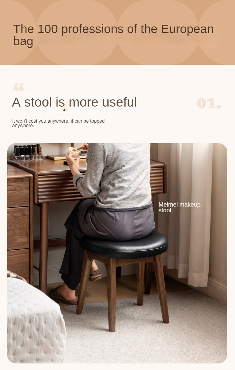 Premium Solid Oak & Black Walnut Wood Makeup Stool - Elegant Vanity Seat with Cushion for Bedroom, Dressing Room & Beauty Salon