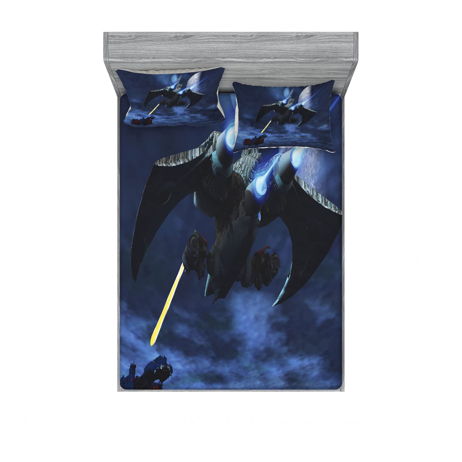 Ambesonne Galaxy 2-Pack Queen Size Fitted Sheet Set with 4 Pillow Shams - Space Themed Bedding with Spaceship & Laser Beam Design in Blue & Black - Perfect for Kids Rooms, Dorm Decor & Sci-Fi Themed Bedrooms