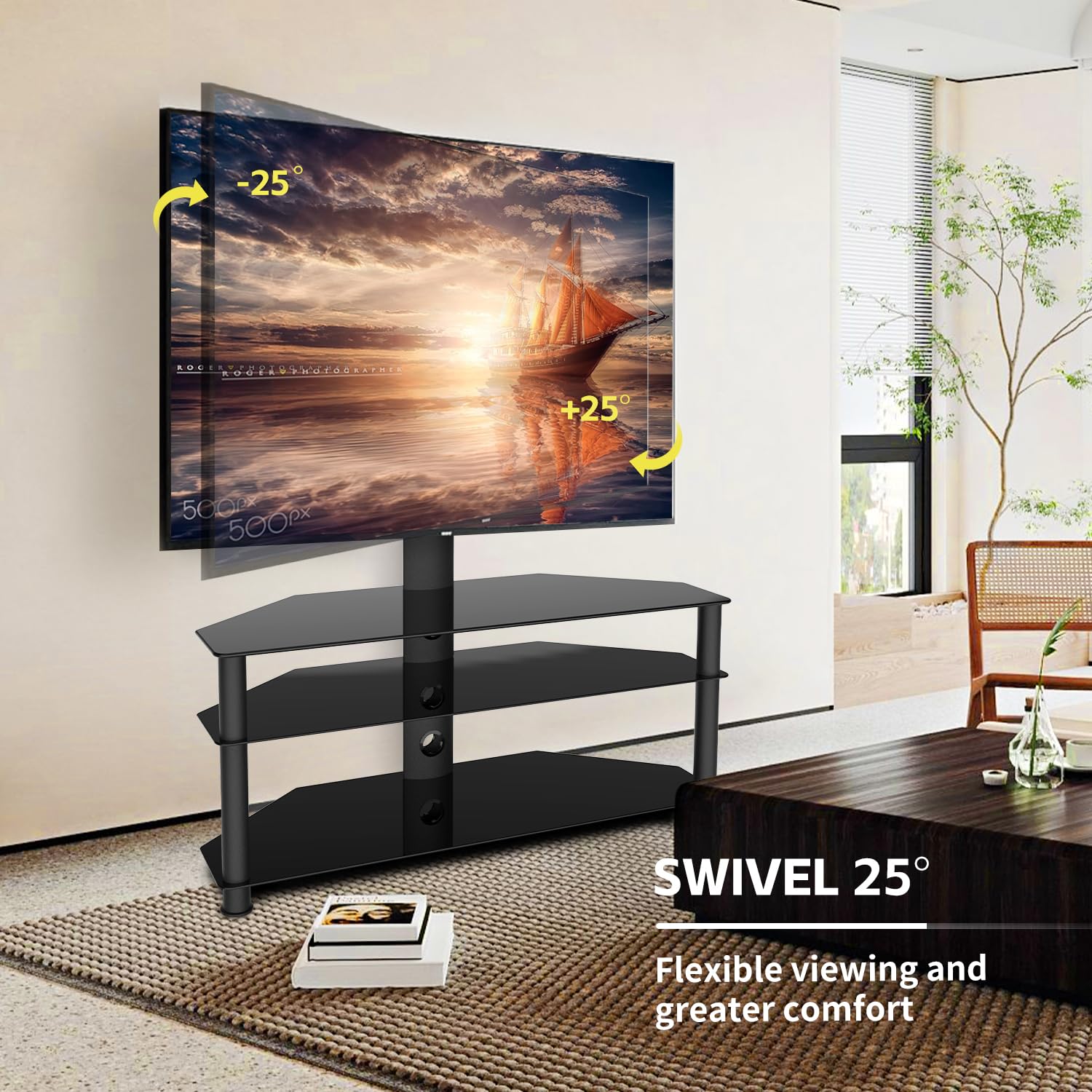 Swivel Floor TV Stand Mount with 3 Tier Tempered Glass Shelves - Height Adjustable Entertainment Center for 32-70 Inch TVs (Max VESA 600x400mm) - Perfect for Living Room, Bedroom, or Home Theater Setup