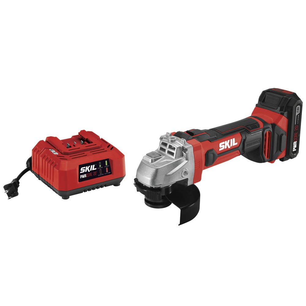 SKIL AG290202 20V 4-1/2 Inch Cordless Angle Grinder with 2.0Ah PWRCore 20 Lithium Battery & Charger - Powerful Tool for Metal Cutting, Grinding, and Polishing - Perfect for DIY Projects and Professional Construction Work