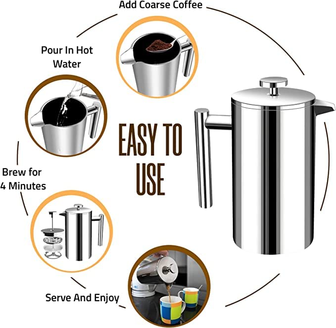 Premium 17 Oz Stainless Steel French Press Coffee Maker - Ideal for Tea, Cold Brew & Travel - Durable & Portable for Camping, Home & Office Use - Perfect Gift for Coffee & Tea Lovers (Silver)