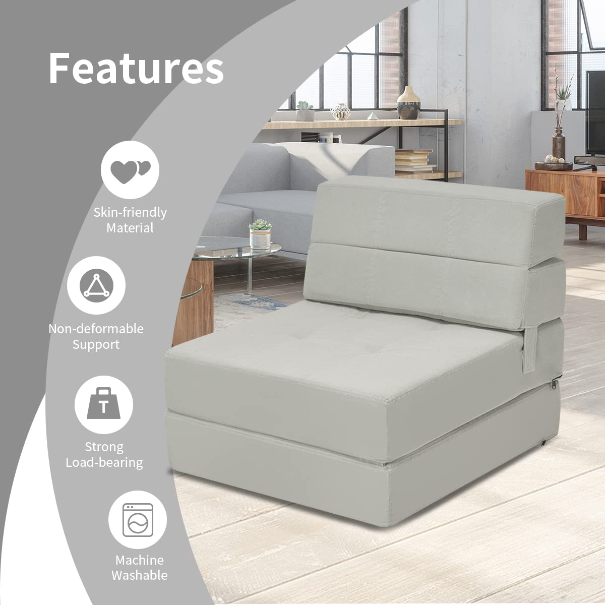 Casart Tri-Fold Memory Foam Sofa Bed - Portable Folding Sleeper with Washable Cover, Padded Cushion Guest Chaise Lounge (Gray) - Perfect for Small Spaces, Guest Rooms & Apartments