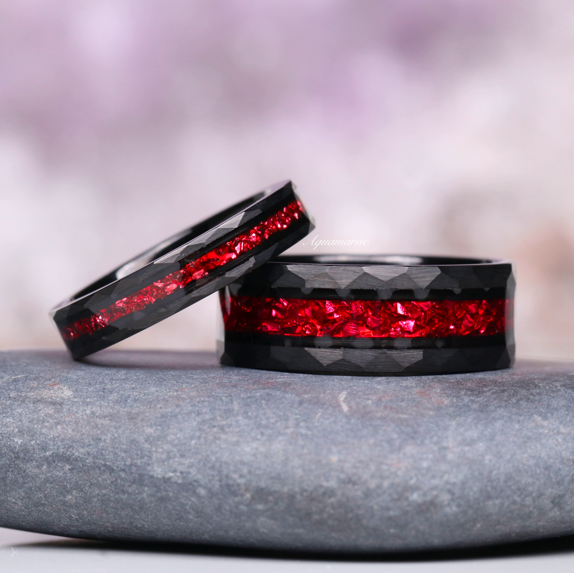 4MM Black Tungsten Wedding Band with Crushed Red Garnet - Durable & Elegant Ring for Men, Perfect for Engagement, Anniversary, and Special Occasions