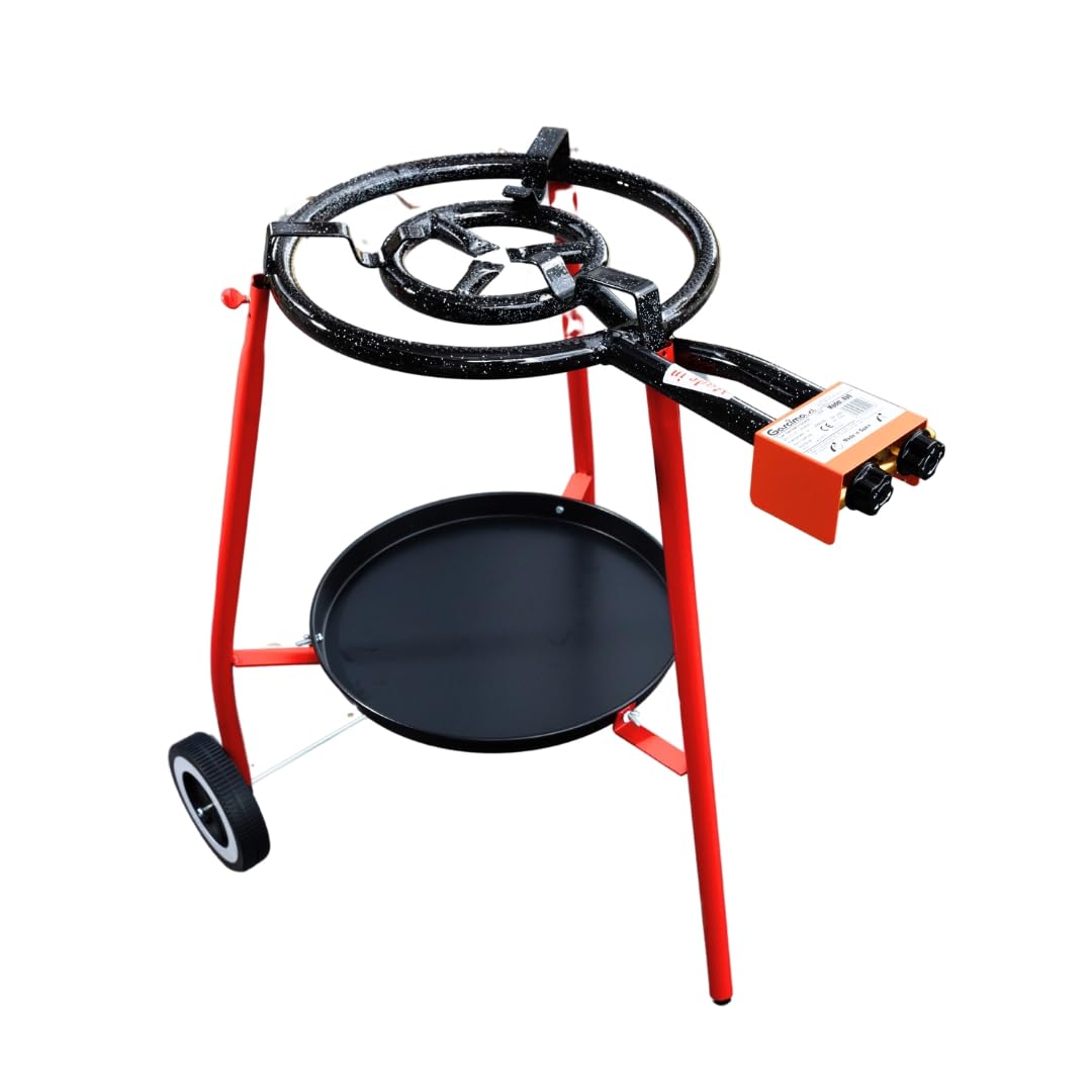 Andreu 18-Inch (46 cm) Carbon Steel Paella Pan Set with Double Ring Propane Gas Burner & Wheeled Stand - 12 Servings | Perfect for Outdoor Cooking, Parties, and Spanish Cuisine