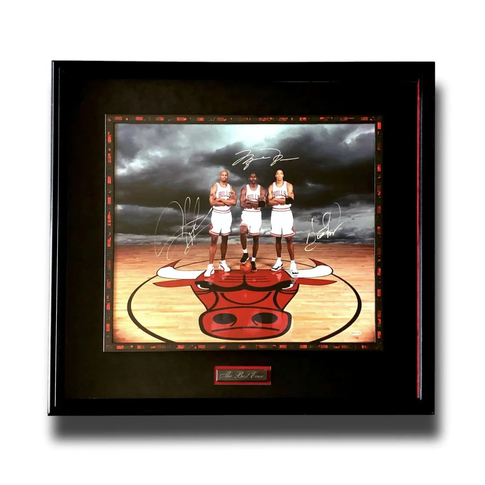 Michael Jordan, Scottie Pippen & Dennis Rodman Autographed Chicago Bulls Framed Photo with UDA COA #D/720 - Perfect for Sports Memorabilia Collectors, Man Cave Decor, and NBA Fan Gifts