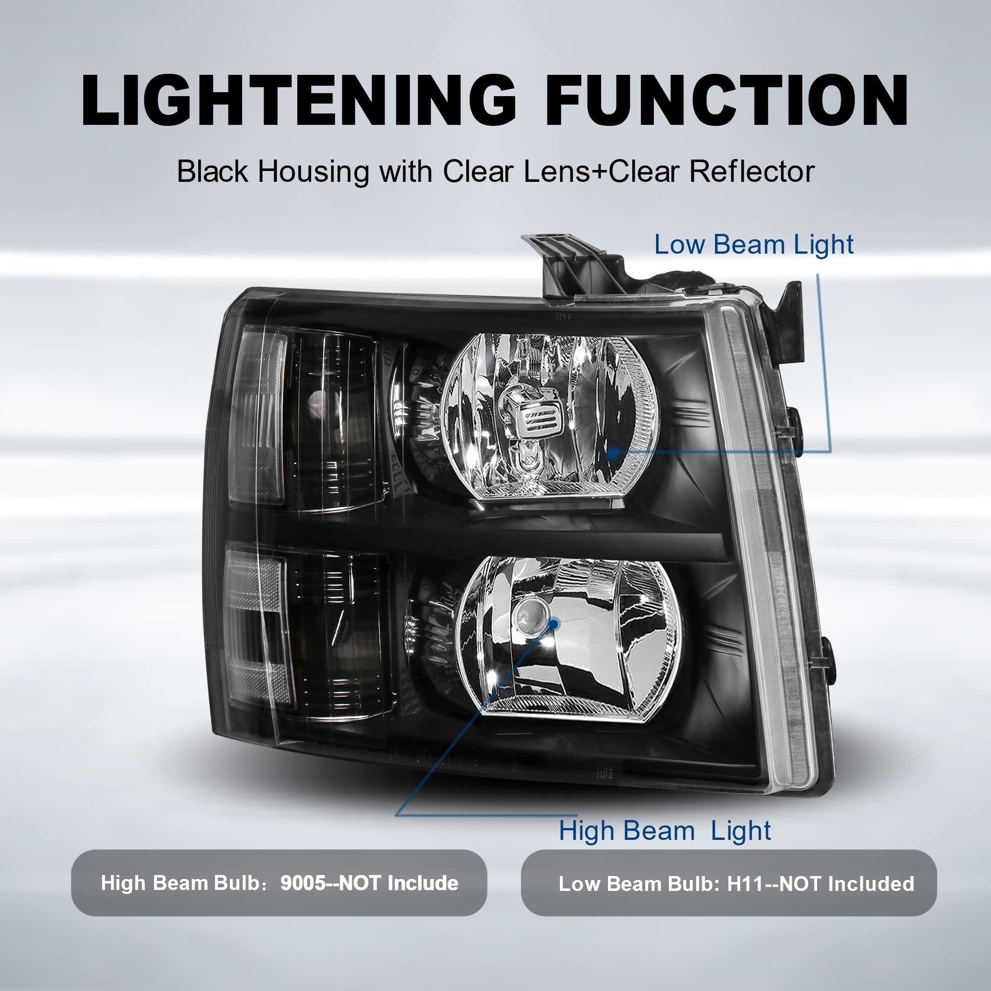 MOSTPLUS Headlight Assembly for 2007-2013 Chevy Silverado 1500/2500/3500 - Black Housing, Clear Lens & Reflector - Replacement Front Lamp for Improved Night Driving & Off-Road Visibility