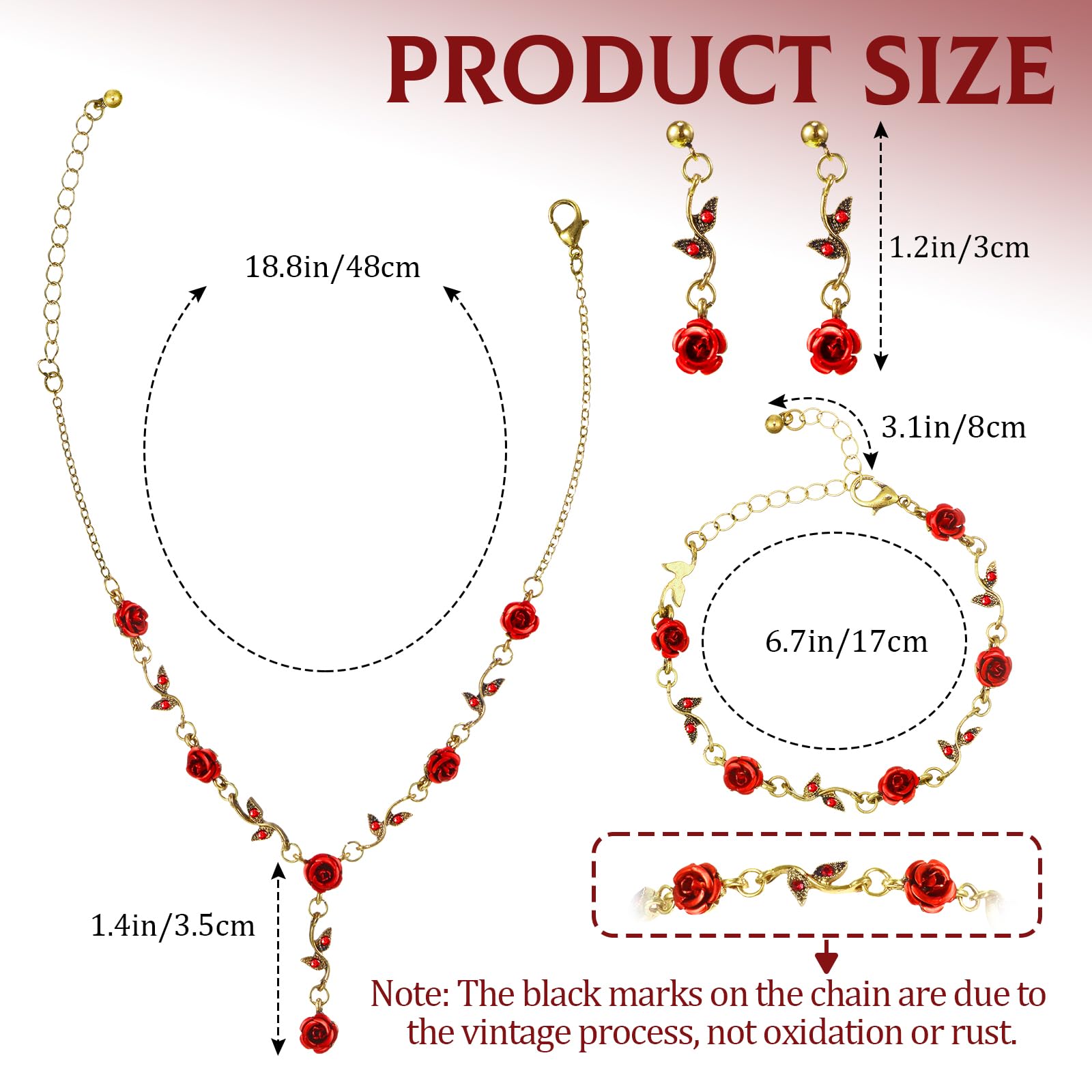 4Pcs Women's Rose Gold Jewelry Set - Red Rose Necklace, Bracelet, Earrings & Clutch for Wedding, Party, Prom | Elegant Floral Accessories Gift for Bridesmaids, Bride, Anniversary