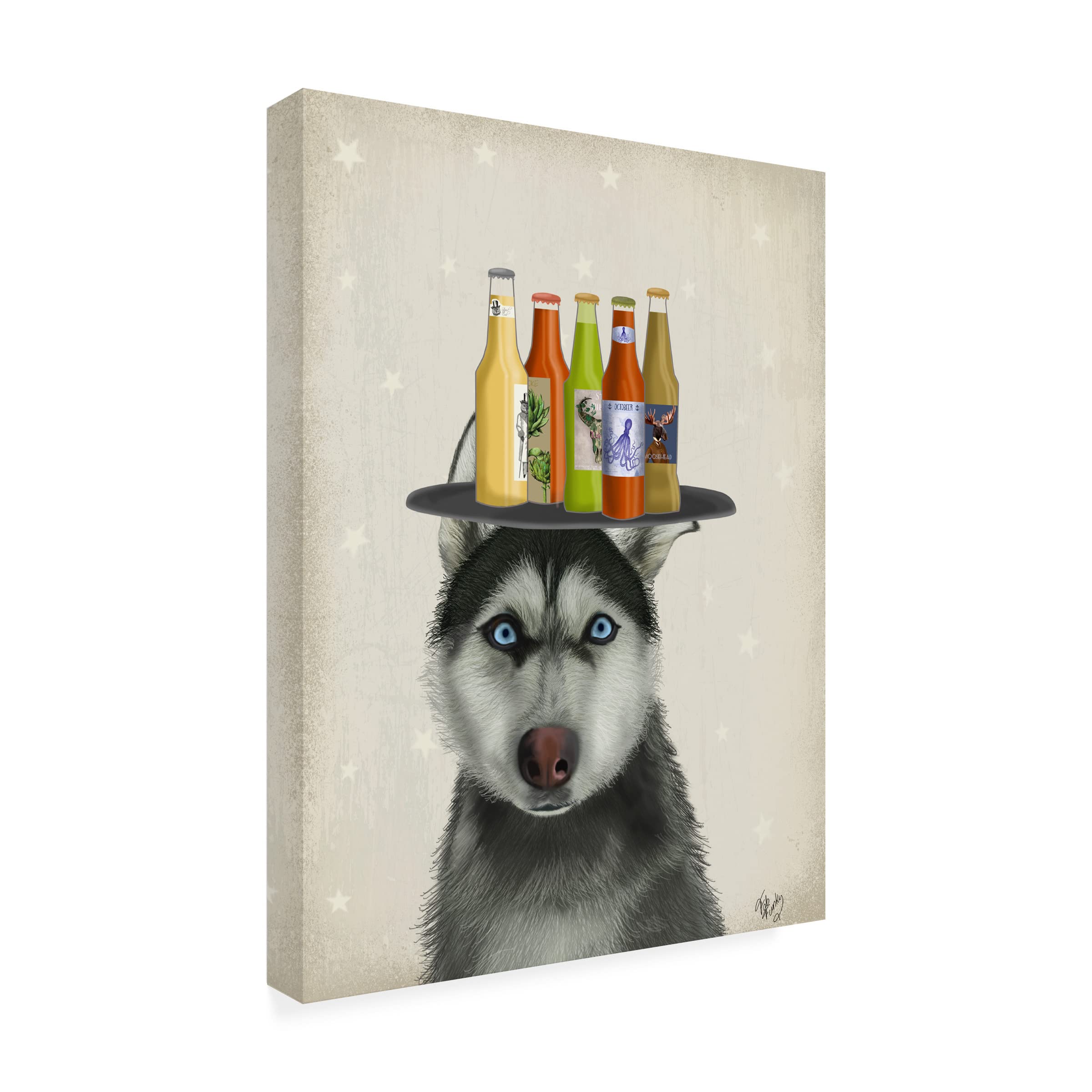 Fab Funky 'Husky 2 Beer Lover' Canvas Wall Art Print - Modern Home Decor for Living Room, Bar & Man Cave - Dog & Beer Enthusiast Gift Idea