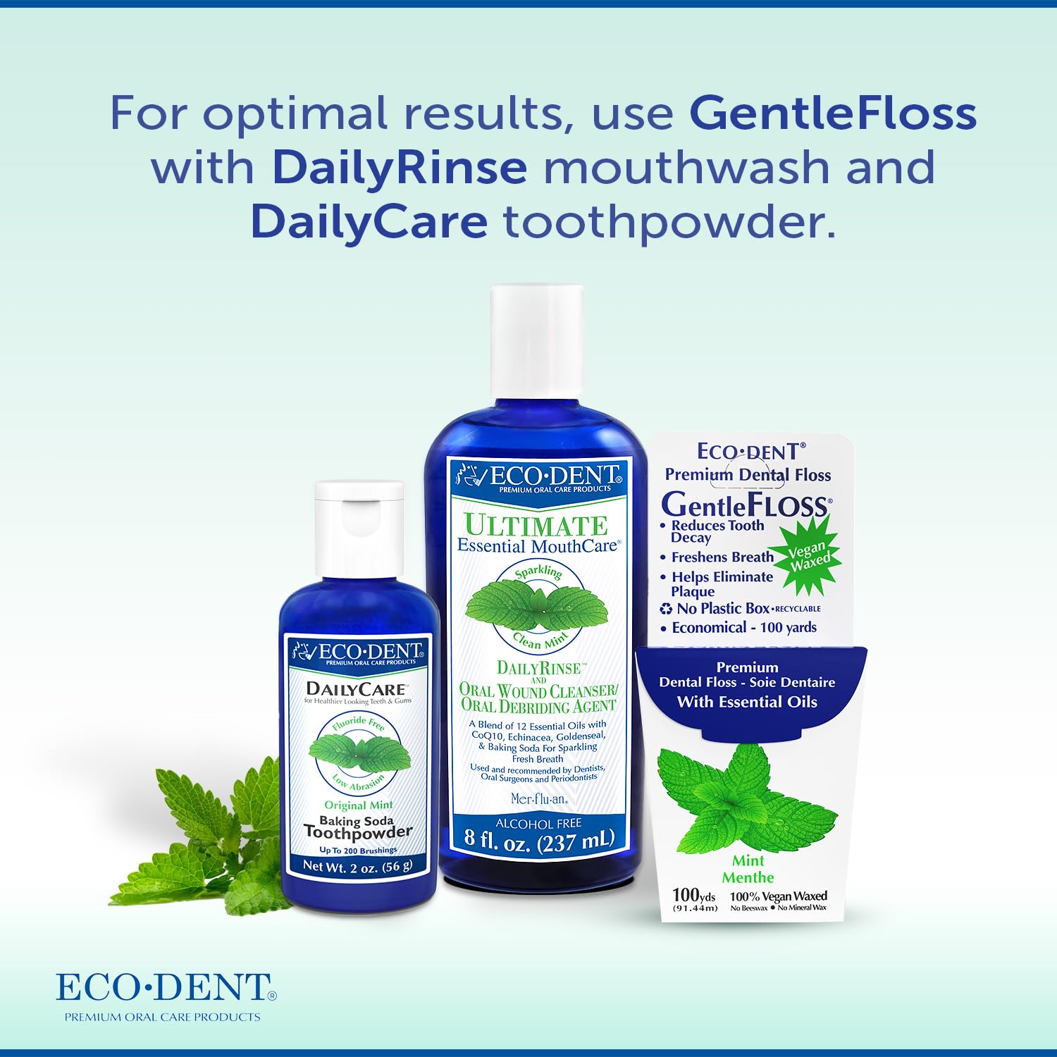 Eco-Dent GentleFloss Vegan Waxed Mint Dental Floss - 100 Yards, Plant-Based & Eco-Friendly, Recyclable Cardboard Packaging + DailyRinse Single-Use Pack | Gentle Cleaning for Sensitive Teeth & Gums, Perfect for Travel & Daily Oral Care