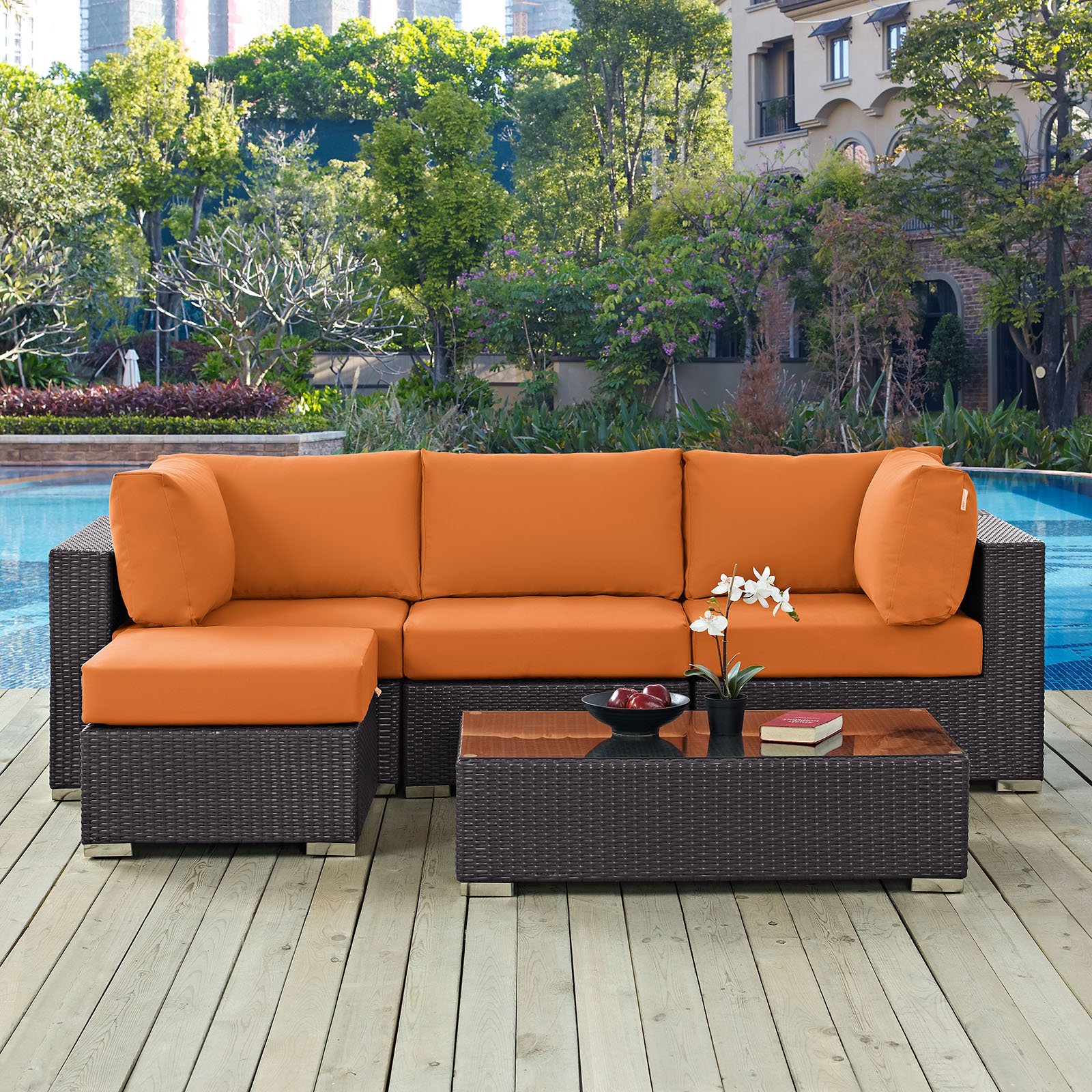 Modway Convene 5-Piece Wicker Rattan Outdoor Patio Sectional Sofa Set - Espresso Brown & Orange Cushions for Backyard, Poolside & Garden Relaxation