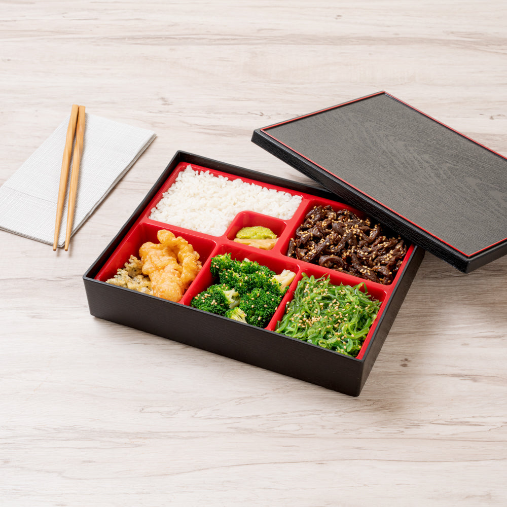 Black and Red Japanese Bento Box with 6 Compartments - 10.75
